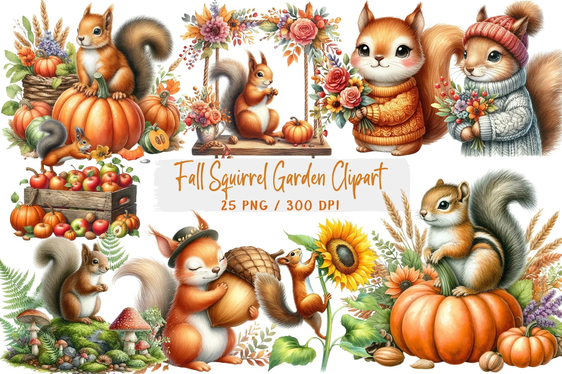 Fall Squirrel Garden Clipart Bundle - CraftNest - Digital Crafting and Art