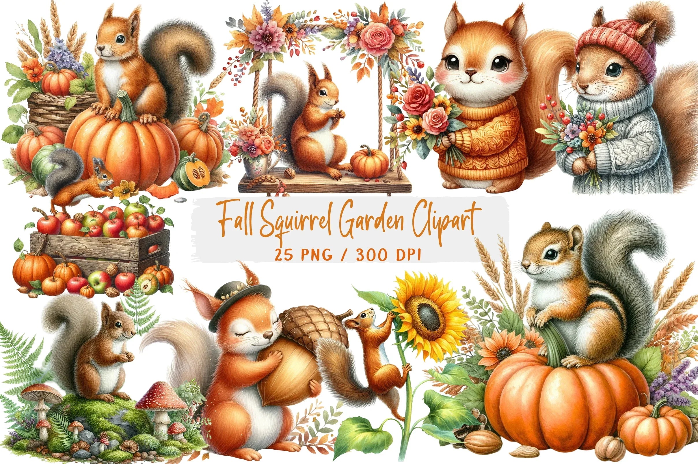 Fall Squirrel Garden Clipart Bundle - CraftNest - Digital Crafting and Art