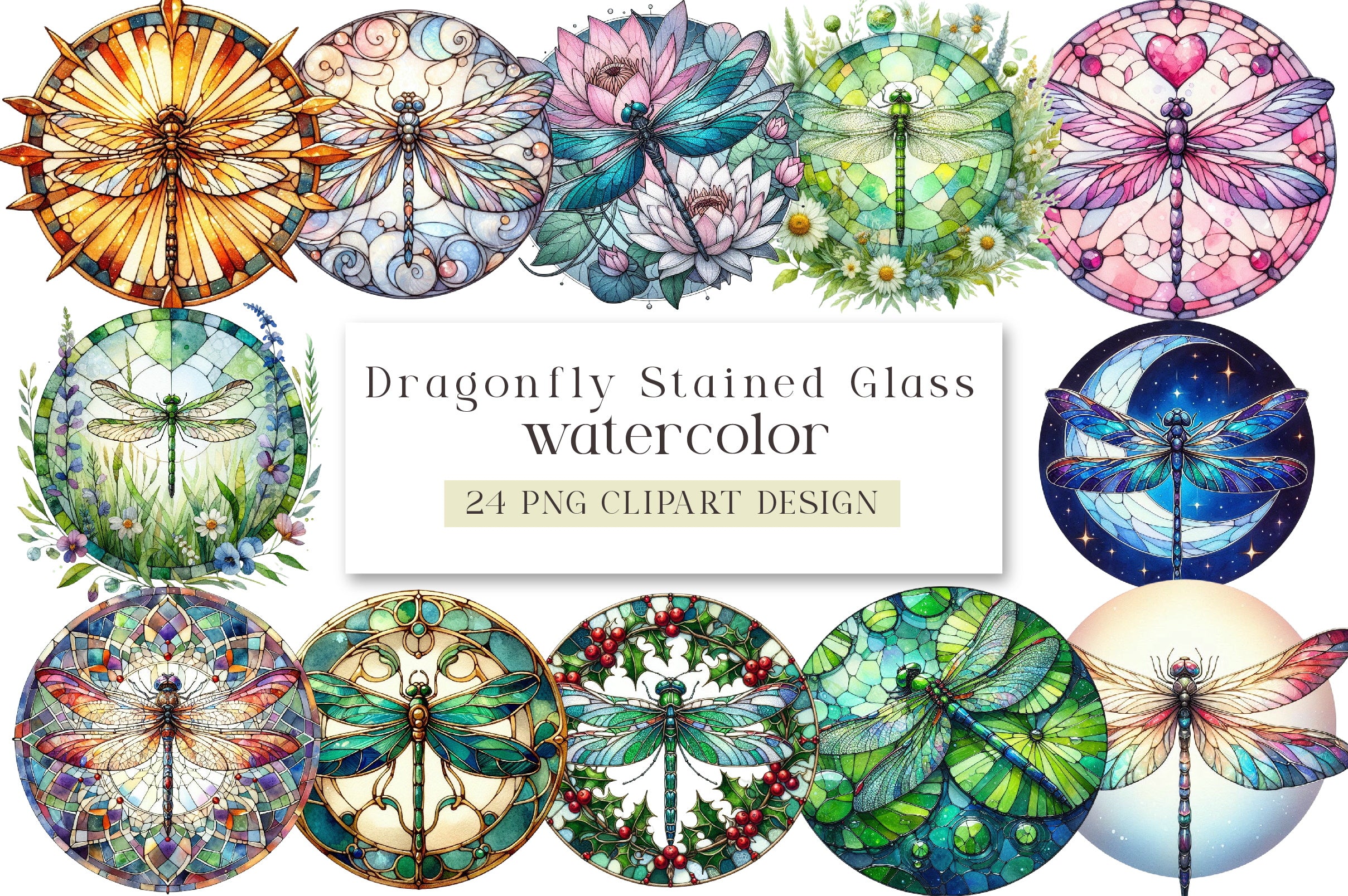 Dragonfly Stained Glass Clipart Bundle