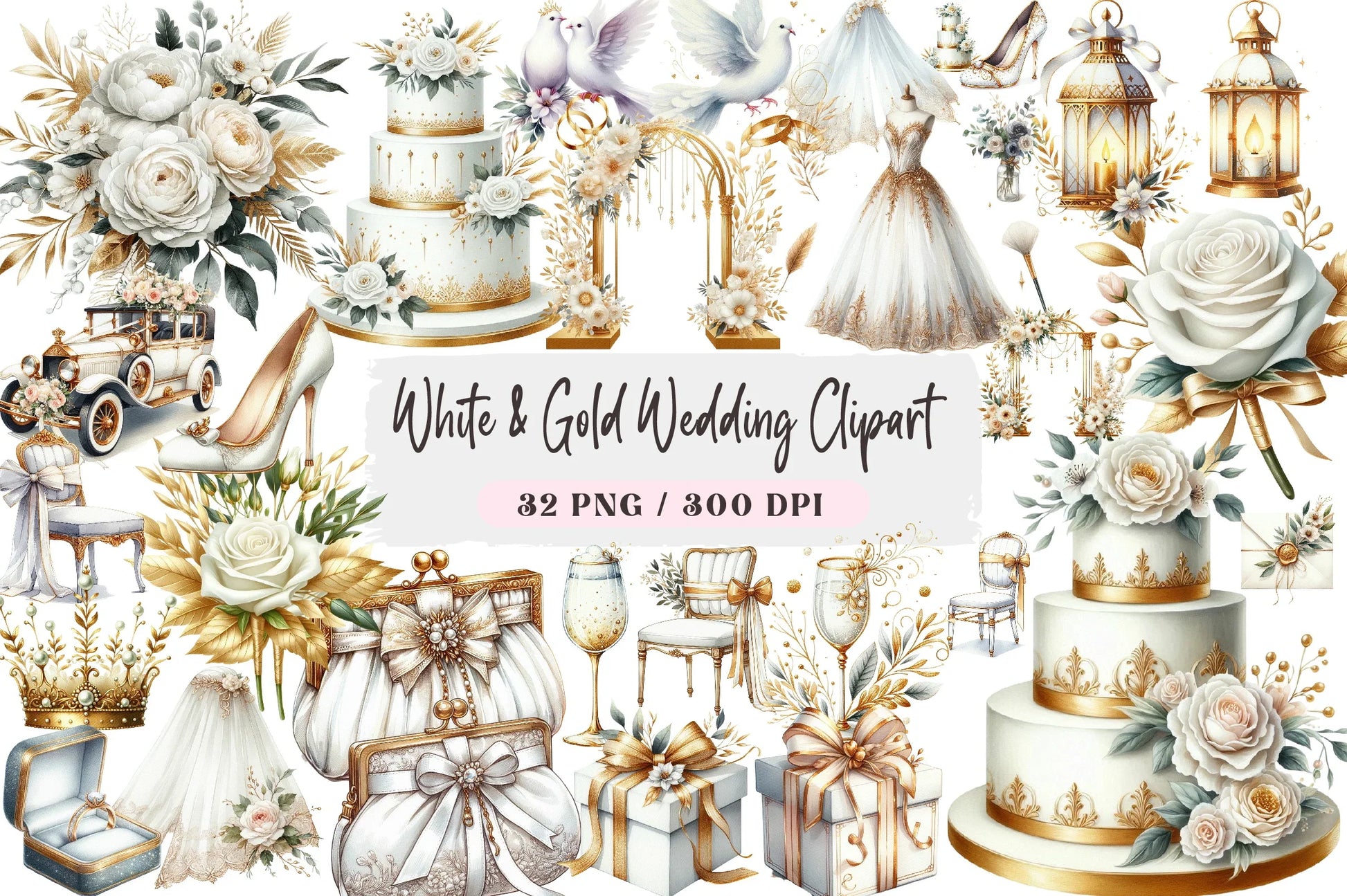 White & Gold Wedding Clipart Bundle - CraftNest - Digital Crafting and Art