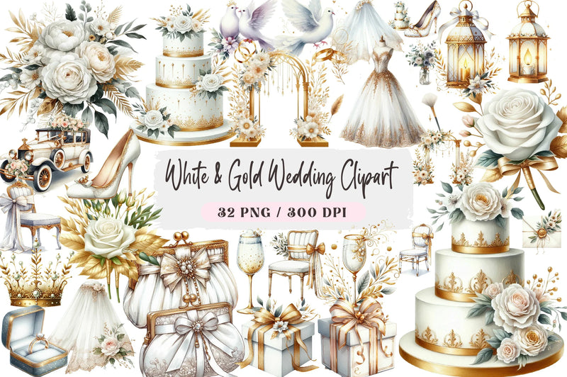 White & Gold Wedding Clipart Bundle - CraftNest - Digital Crafting and Art