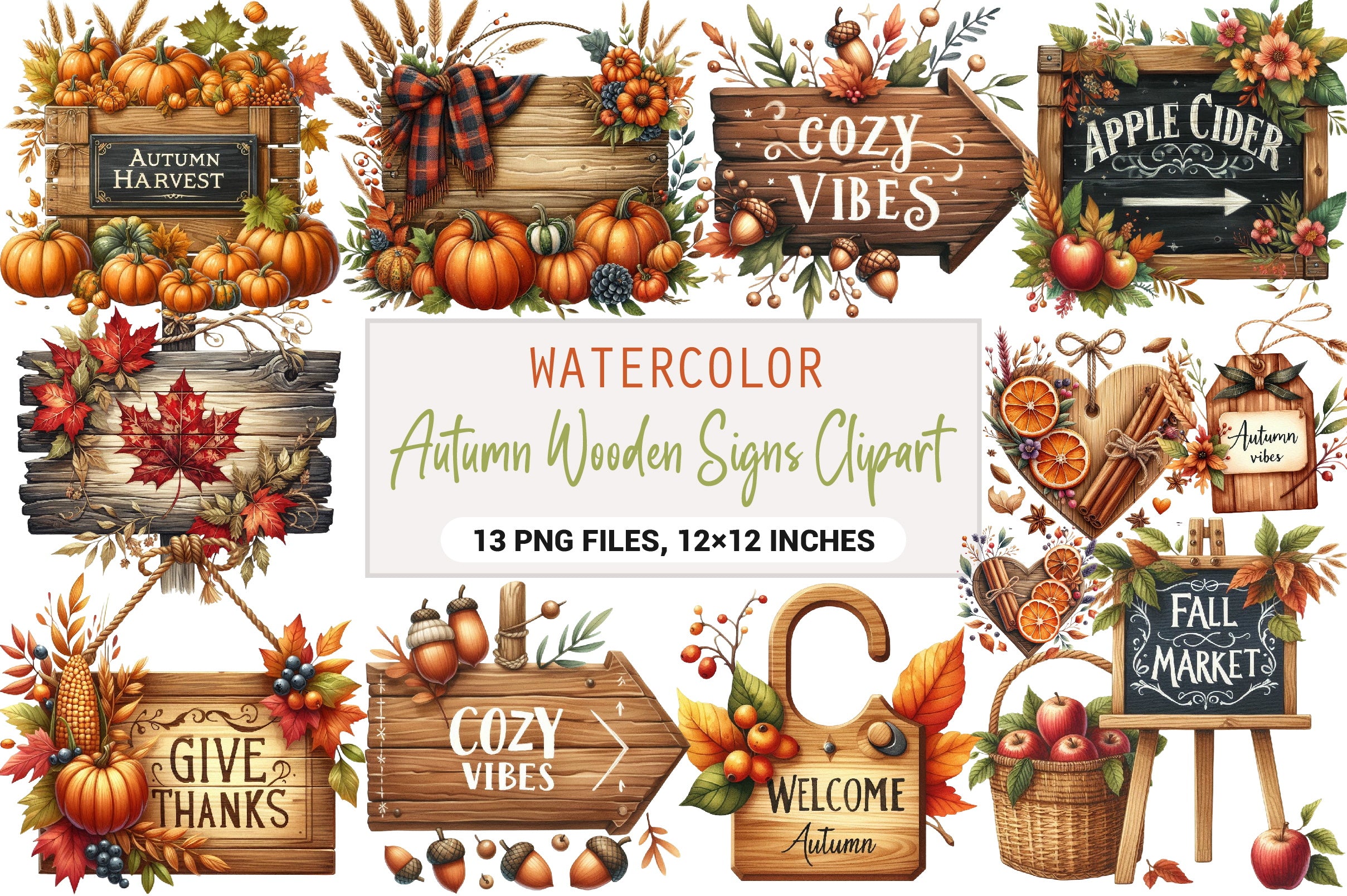 Autumn Wooden Signs Clipart Bundle