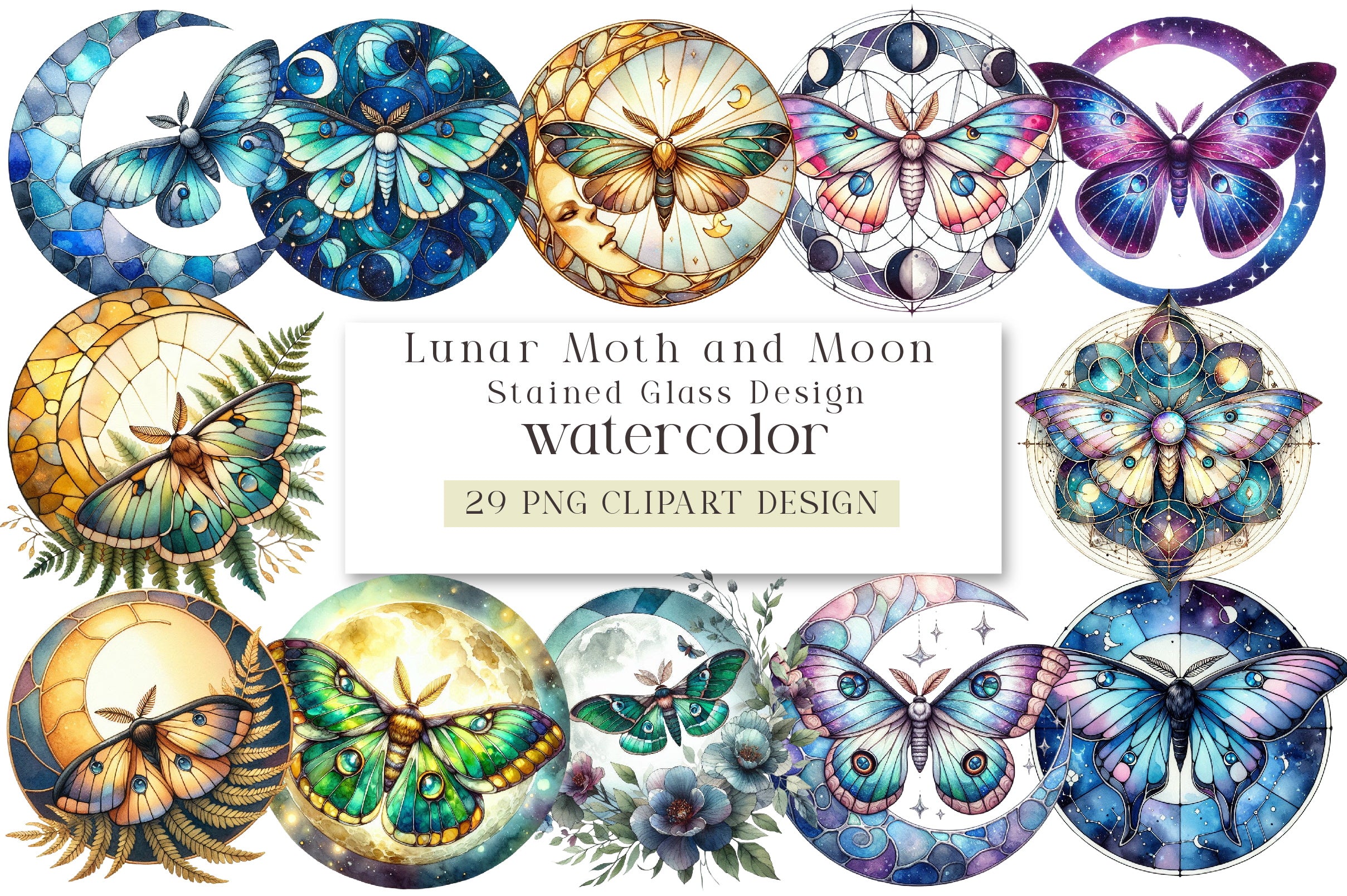 Lunar Moth & Moon Stained Glass Design Clipart Bundle