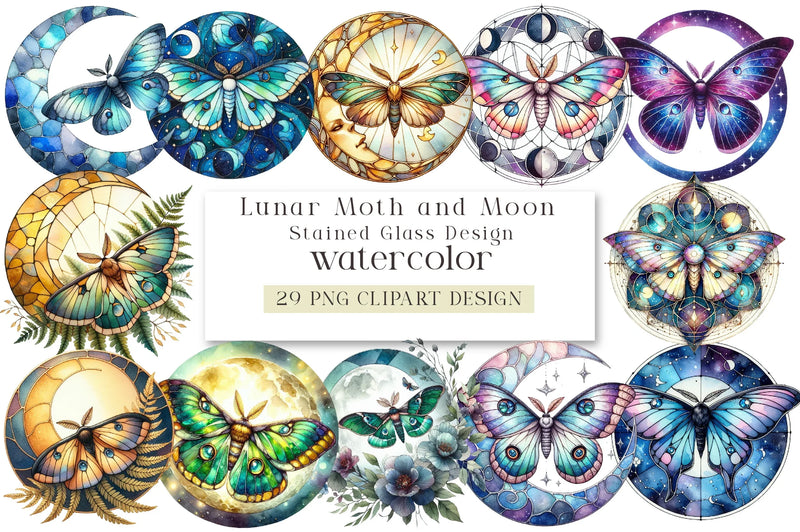 Lunar Moth & Moon Stained Glass Design Clipart Bundle - CraftNest - Digital Crafting and Art