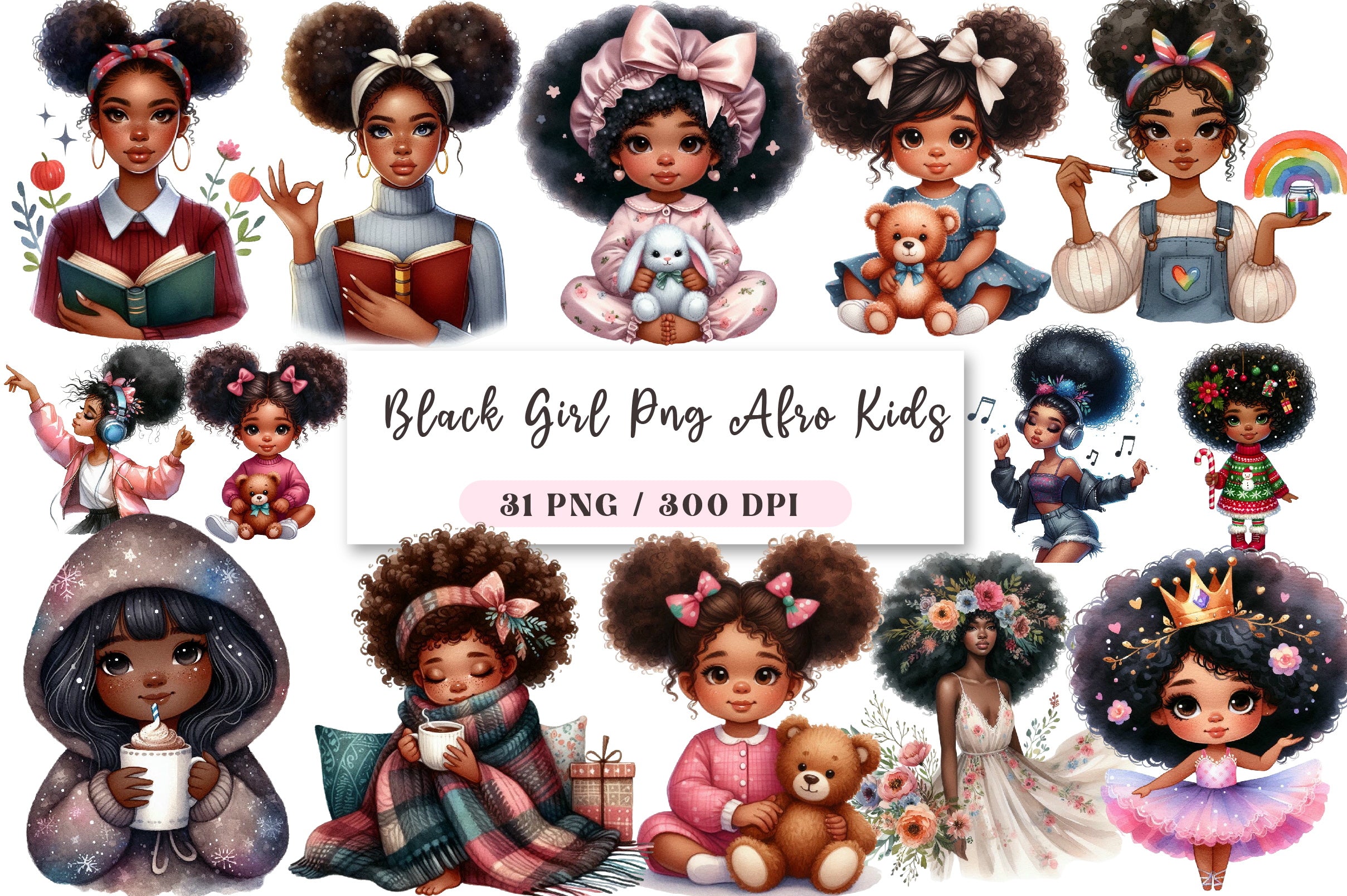 Black Girl Afro Kids Clipart Bundle