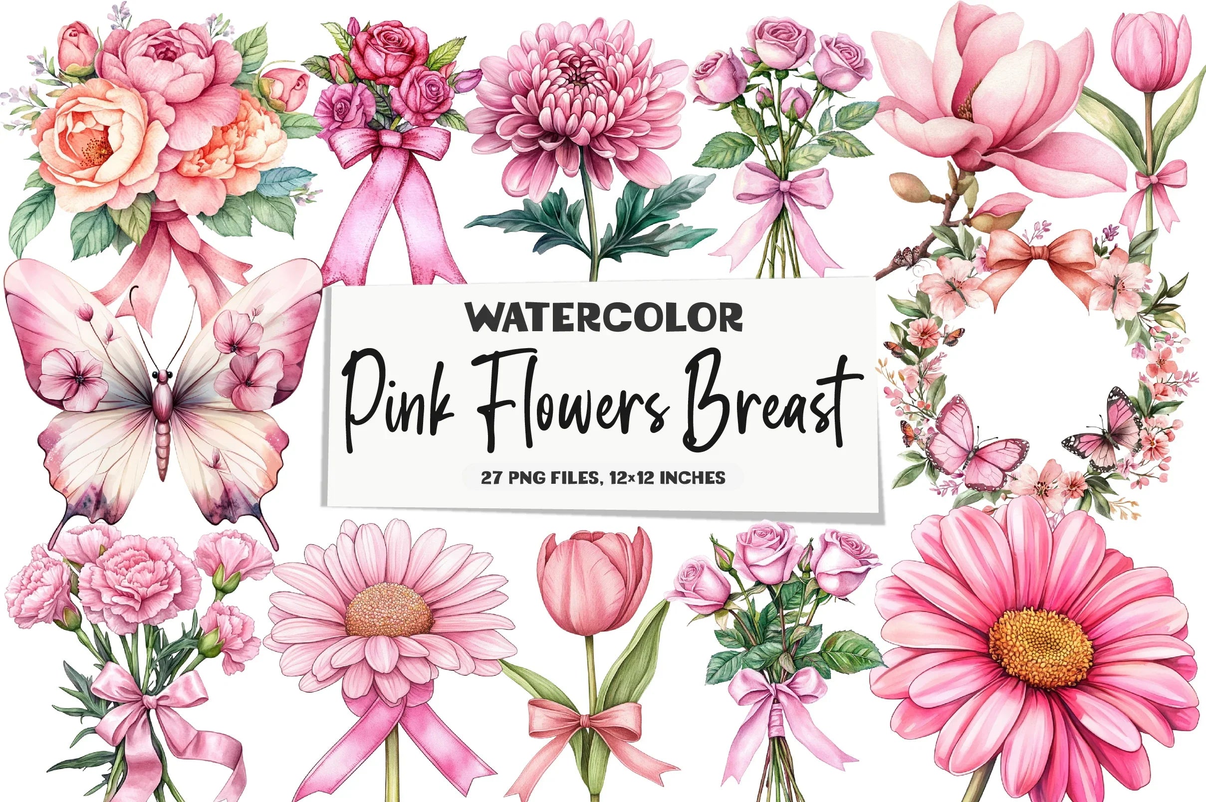 Pink Flowers Breast Cancer Awareness Clipart Bundle - CraftNest - Digital Crafting and Art