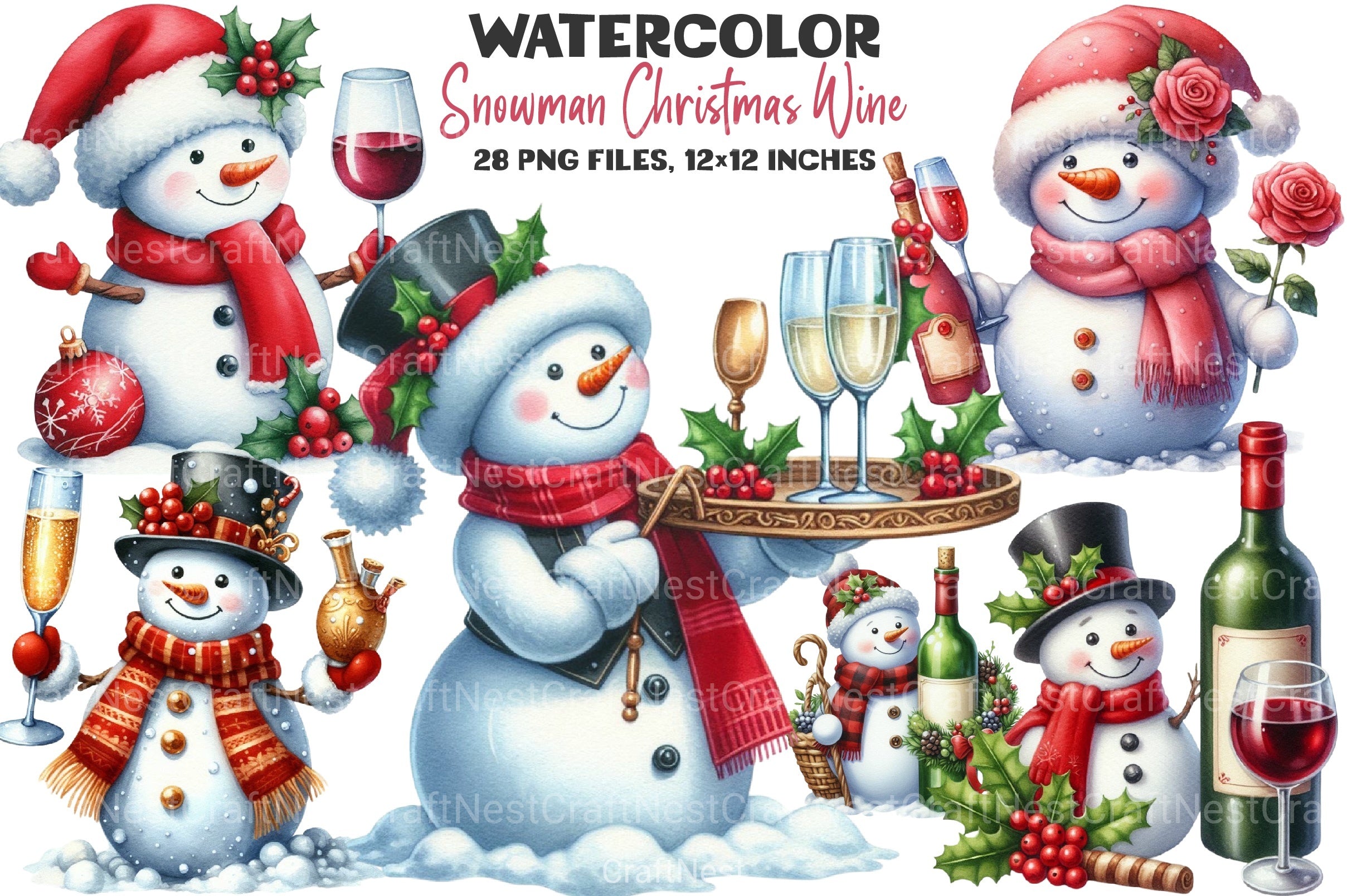 Snowman Christmas Wine Clipart Bundle 1 - CraftNest - Digital Crafting and Art