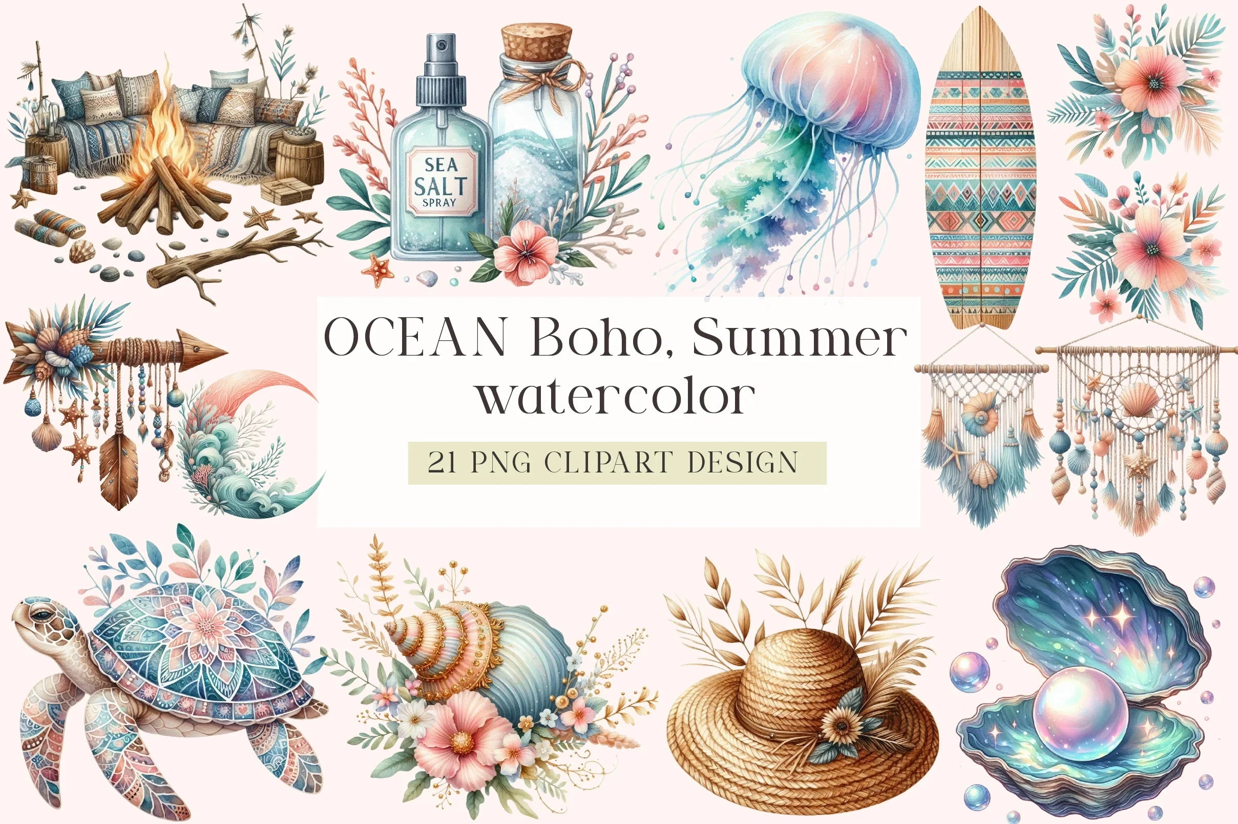 Ocean Boho Summer Clipart Bundle - CraftNest - Digital Crafting and Art