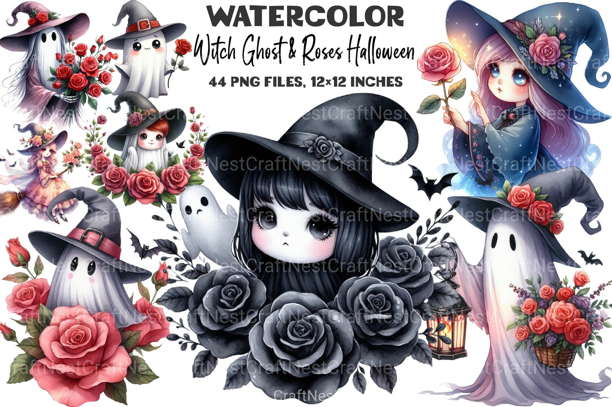 Witch Ghost & Roses Halloween Clipart Bundle - CraftNest - Digital Crafting and Art