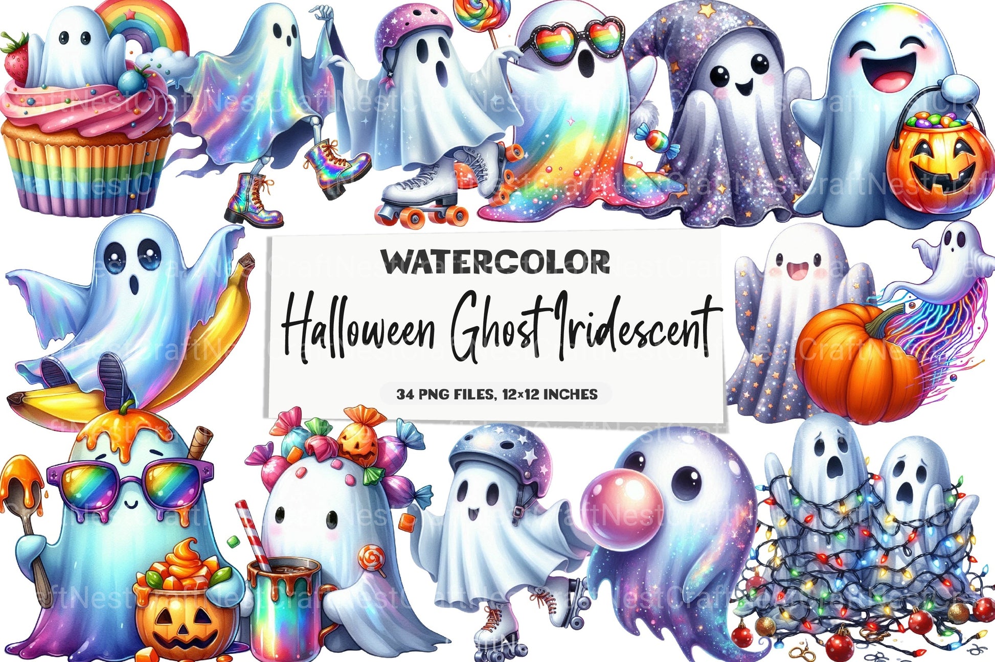 Funny Halloween Ghost Iridescent Clipart Bundle - CraftNest - Digital Crafting and Art
