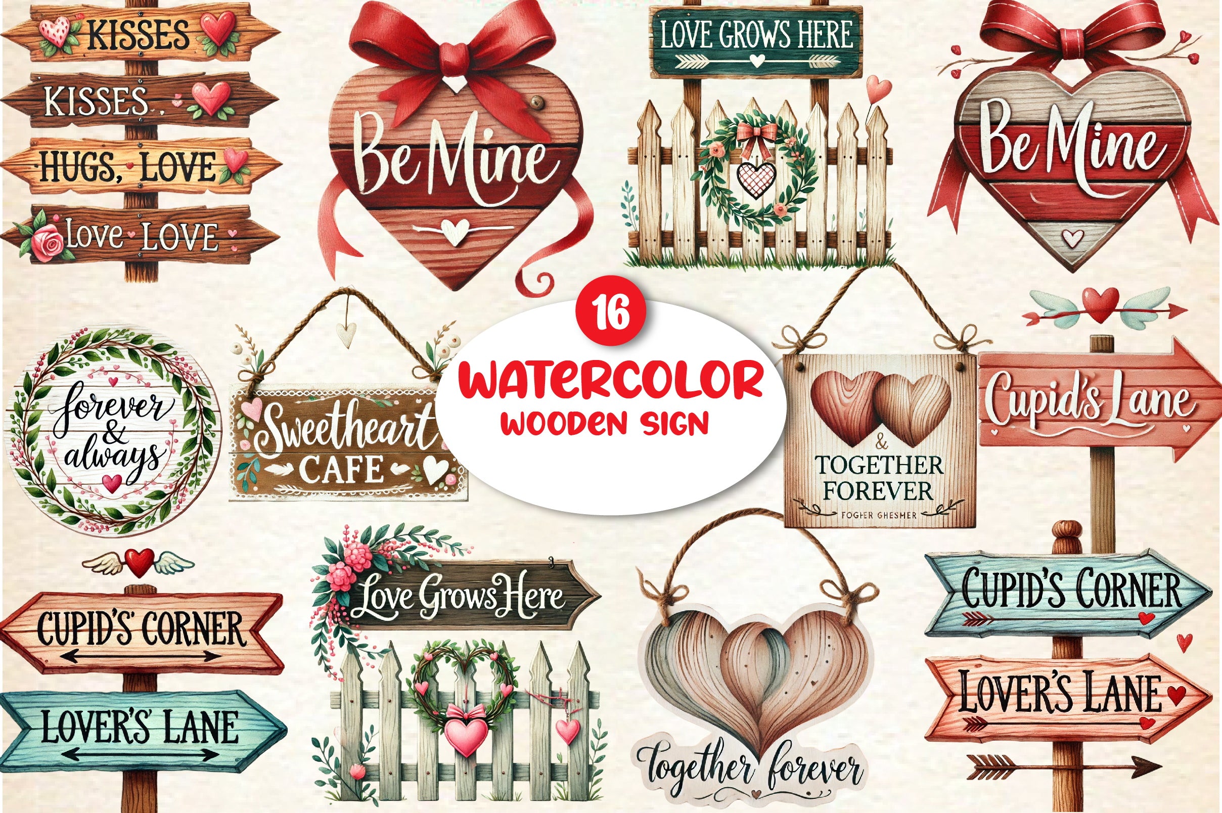 Valentine's Day Wooden Sign Clipart Bundle