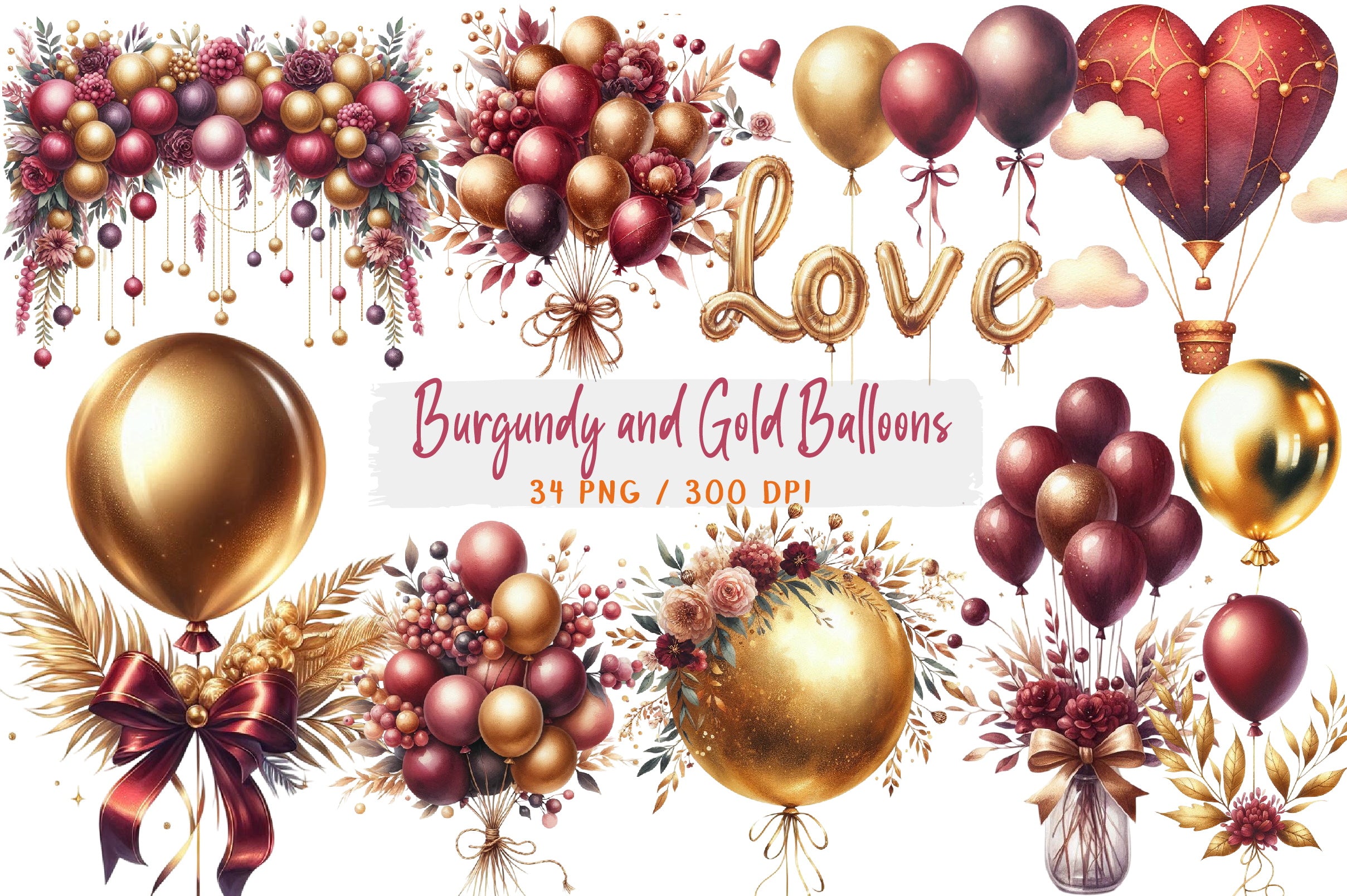 Burgundy and Gold Balloons Clipart Bundle