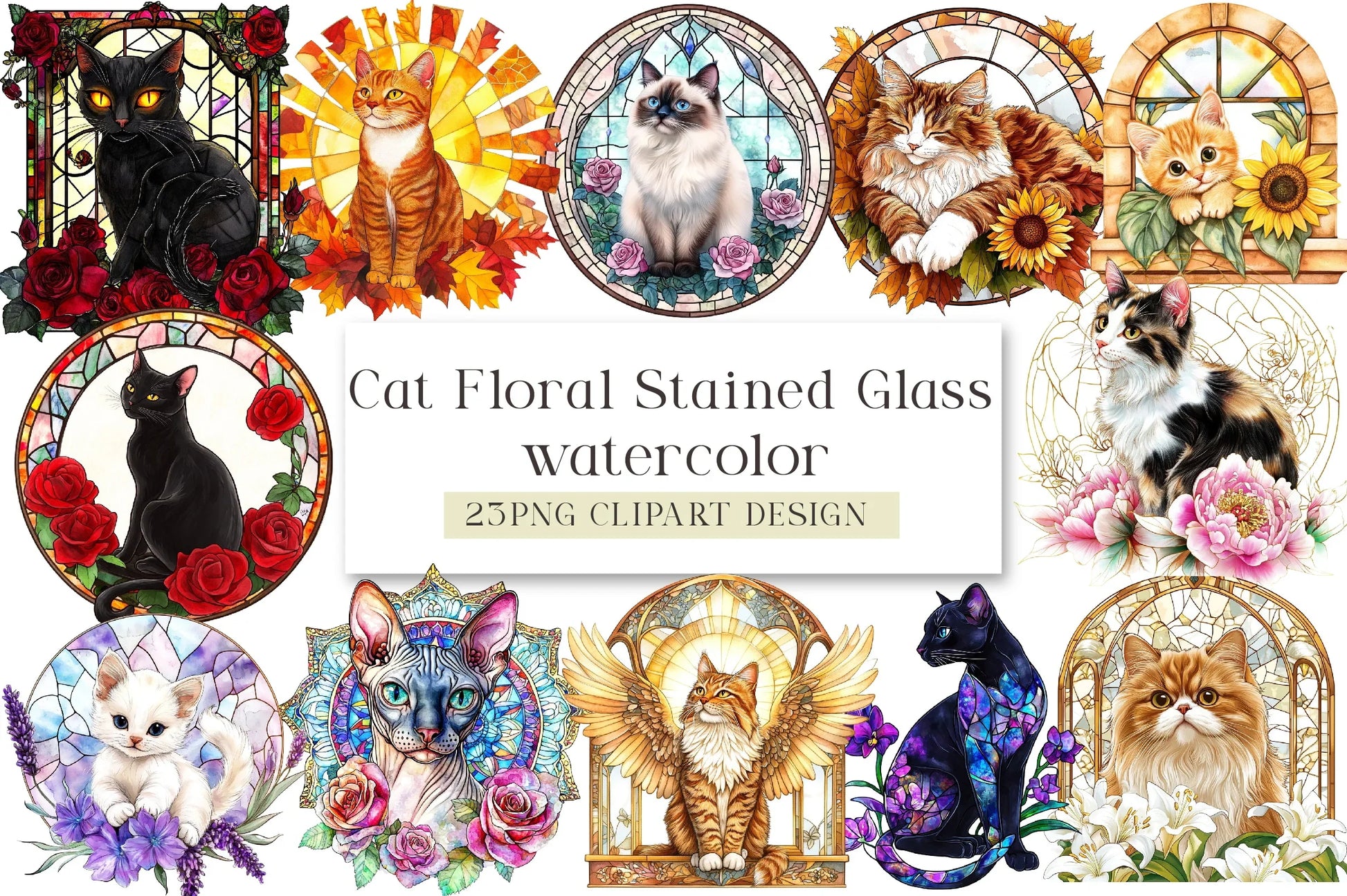 Cat Floral Stained Glass Clipart Bundle - CraftNest - Digital Crafting and Art