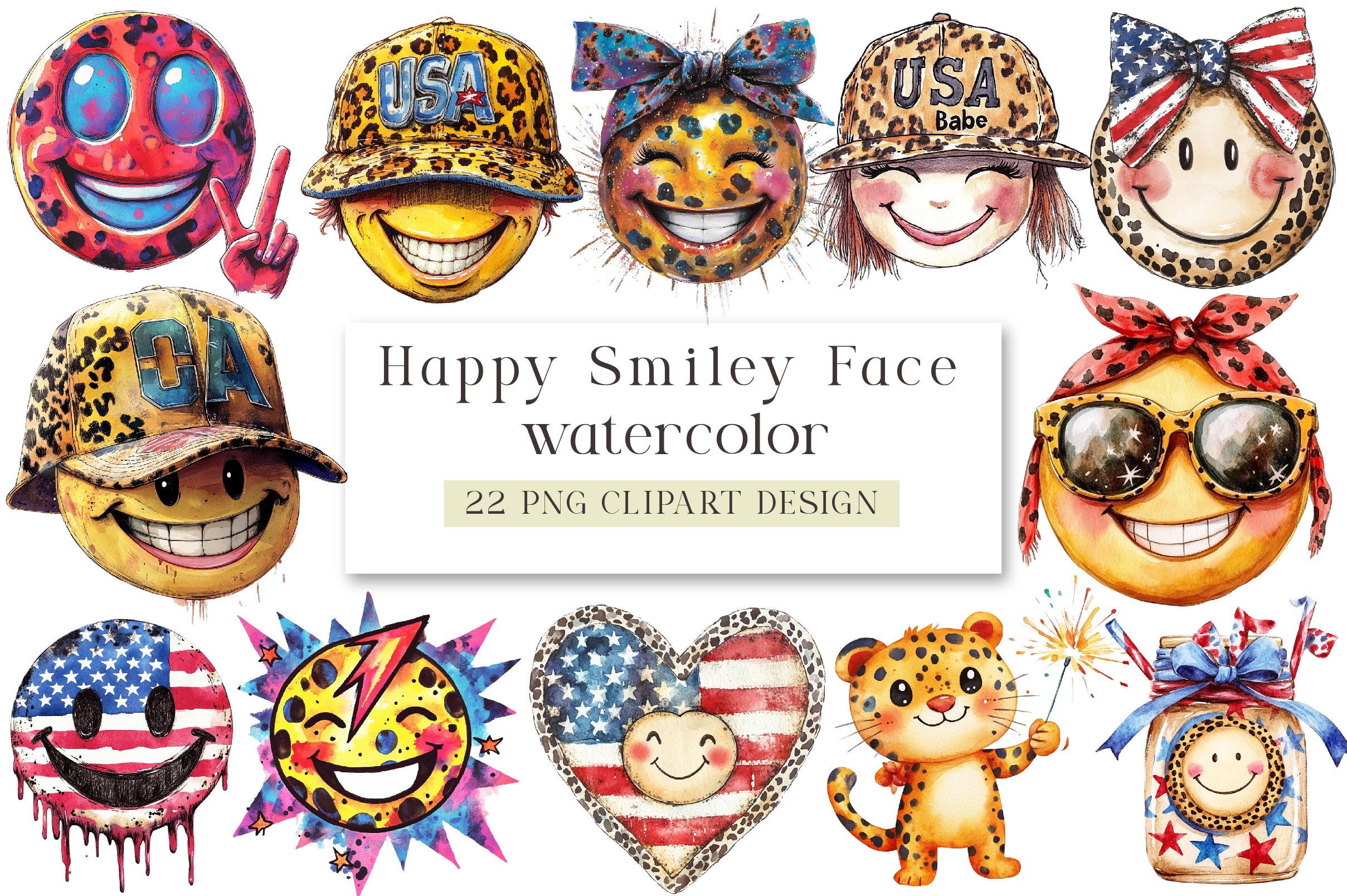 Happy Smiley Face Leopard 4th of July Clipart Bundle