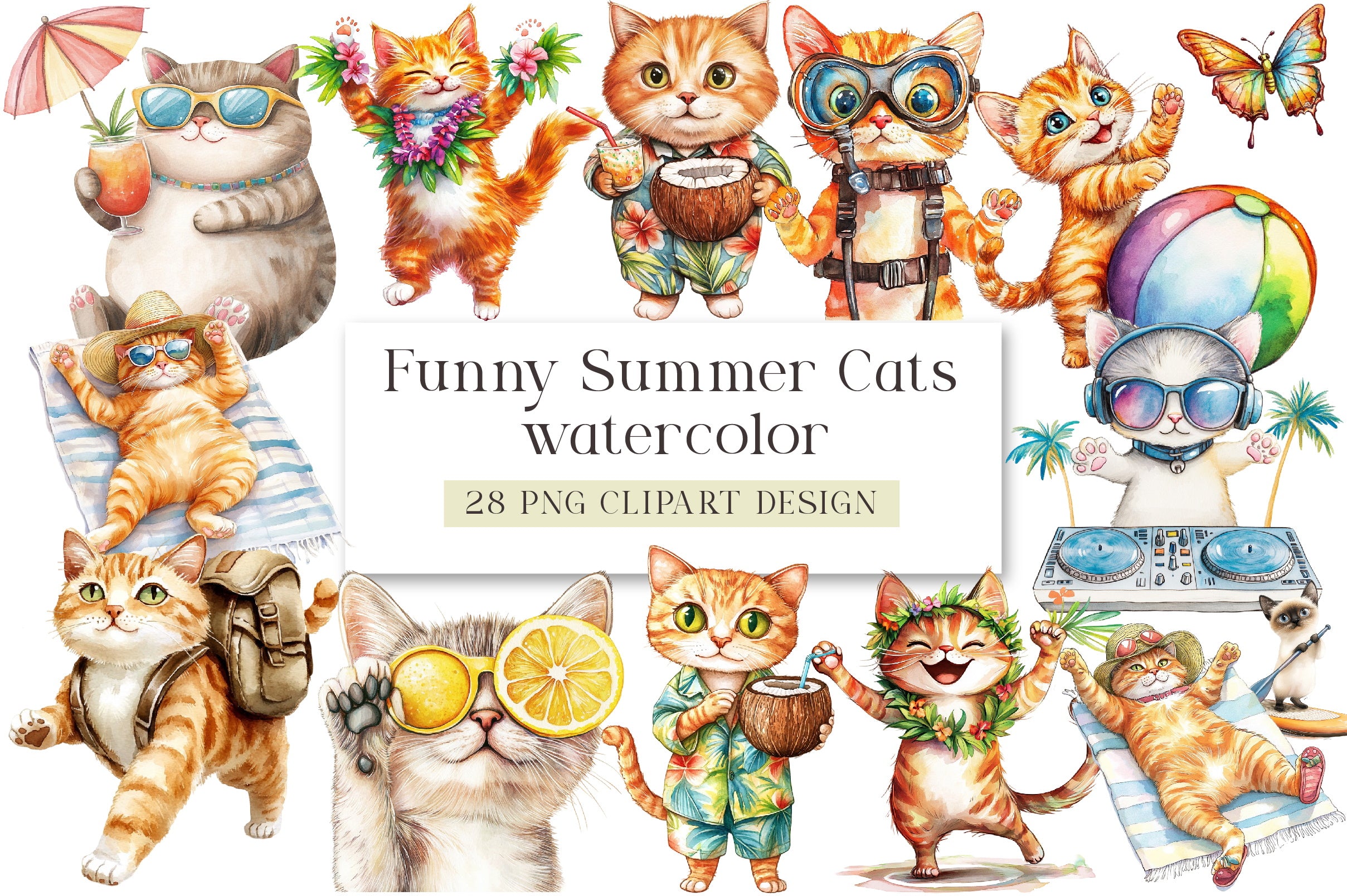 Funny Summer Cats Clipart Bundle