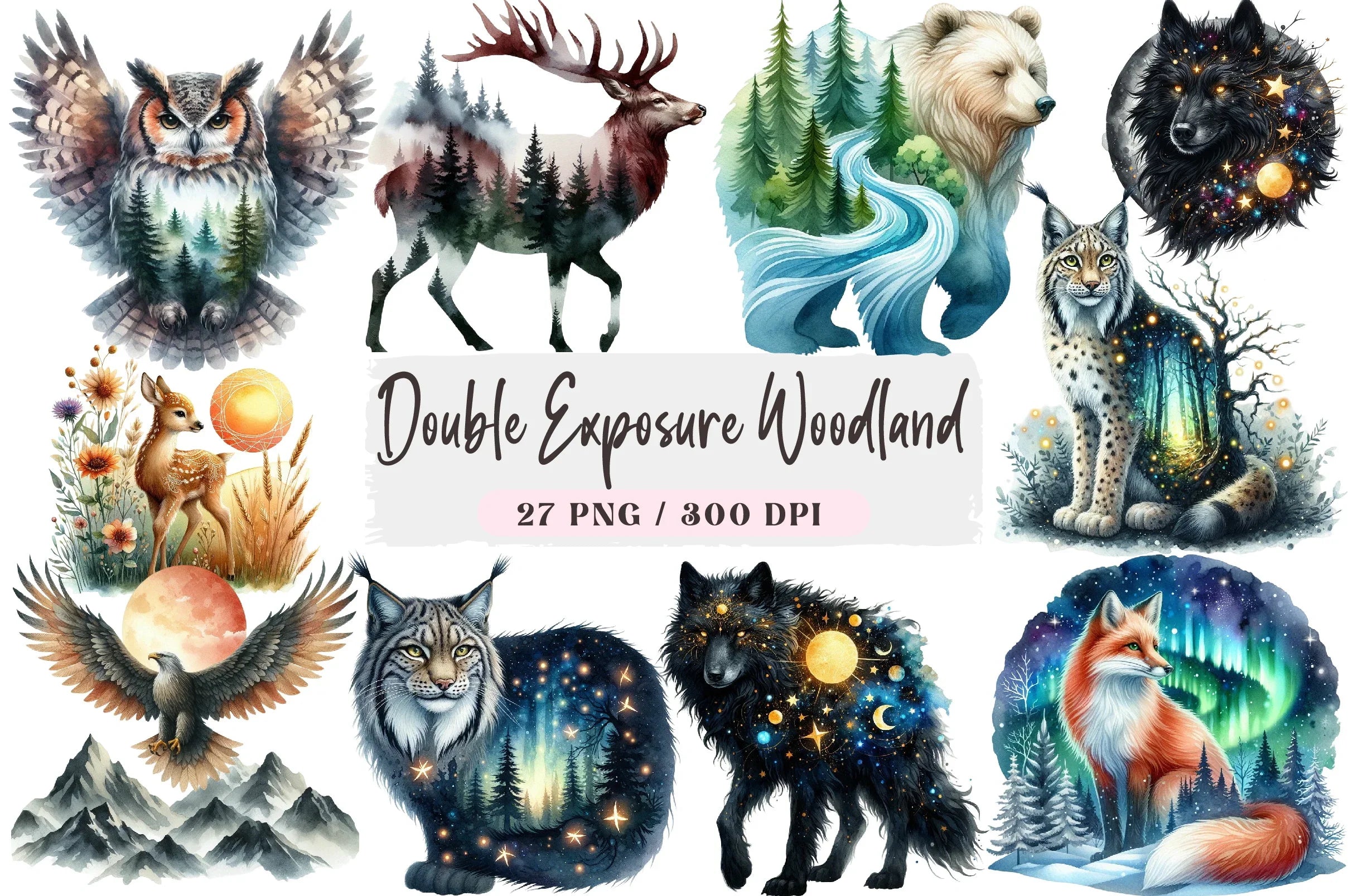 Double Exposure Woodland Animal Clipart Bundle - CraftNest - Digital Crafting and Art