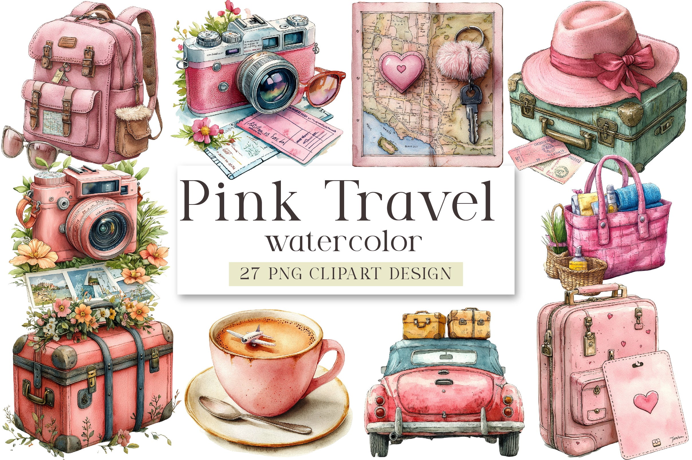 Cute Pink Travel Clipart Bundle
