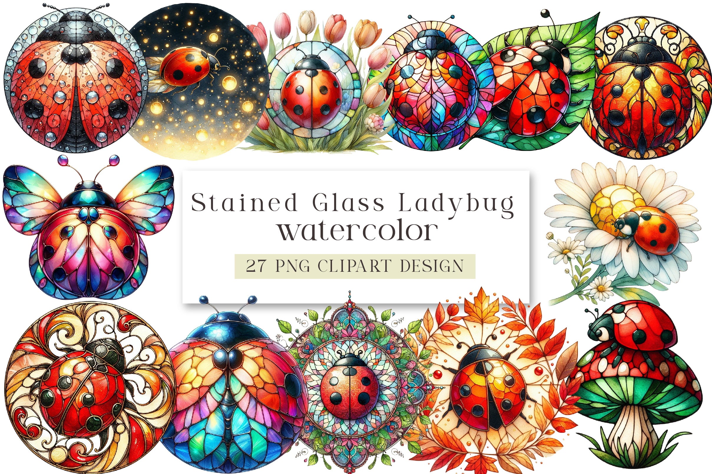 Stained Glass Ladybug Clipart Bundle