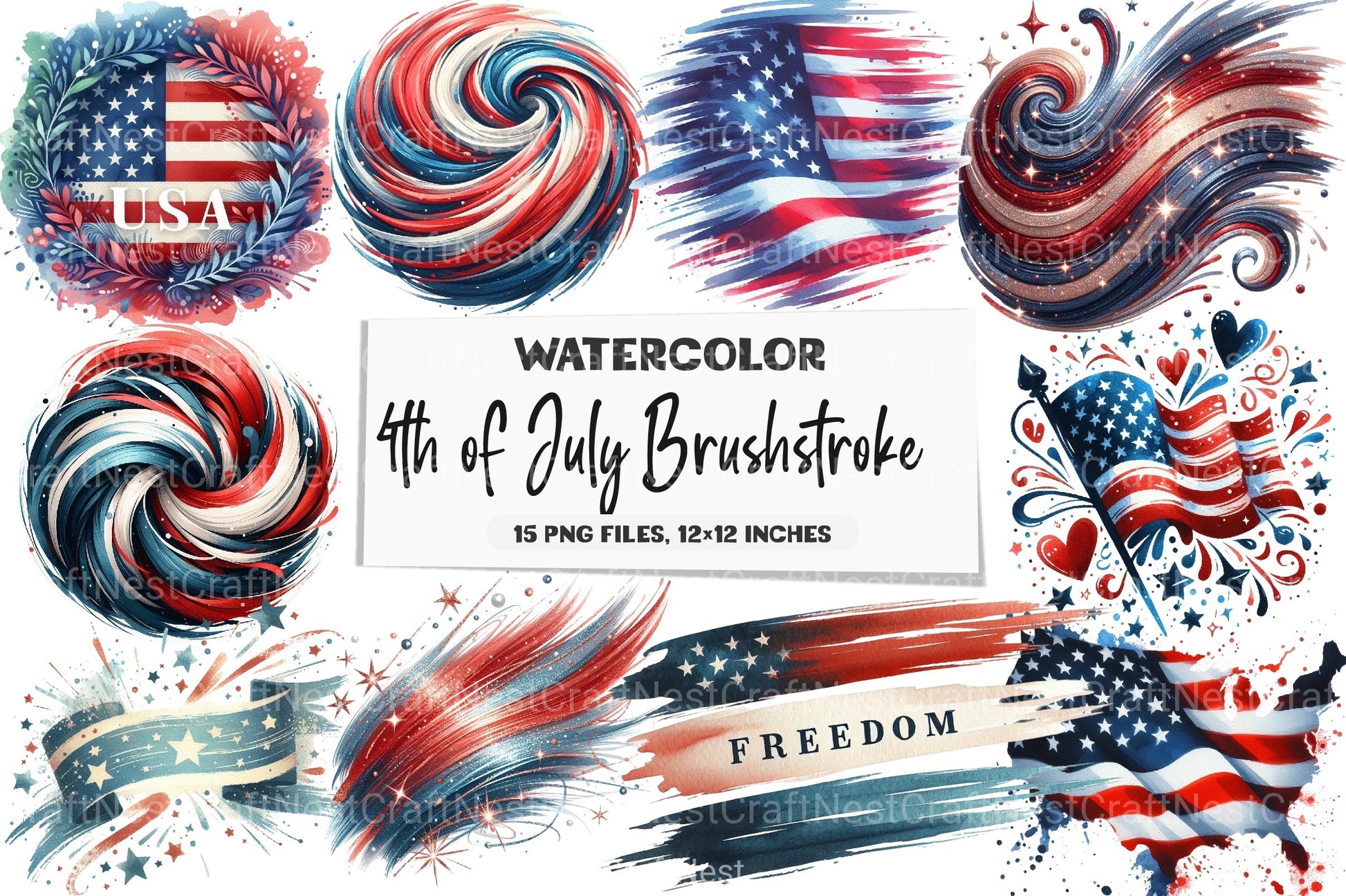 4th of July Brushstroke Clipart Bundle 1 - CraftNest - Digital Crafting and Art