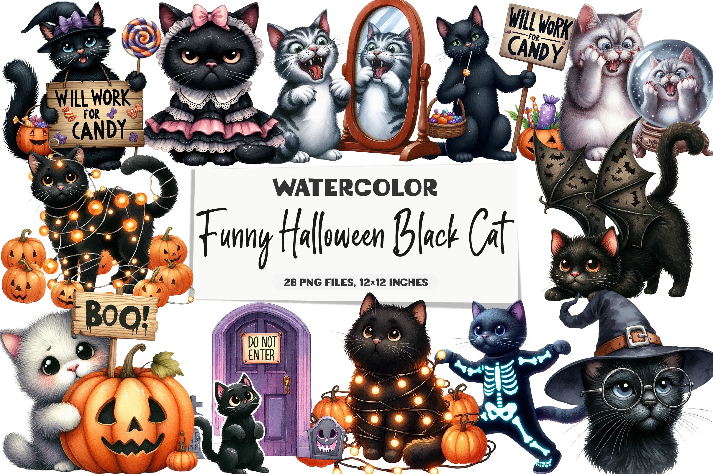 Funny Halloween Black Cat Clipart Bundle
