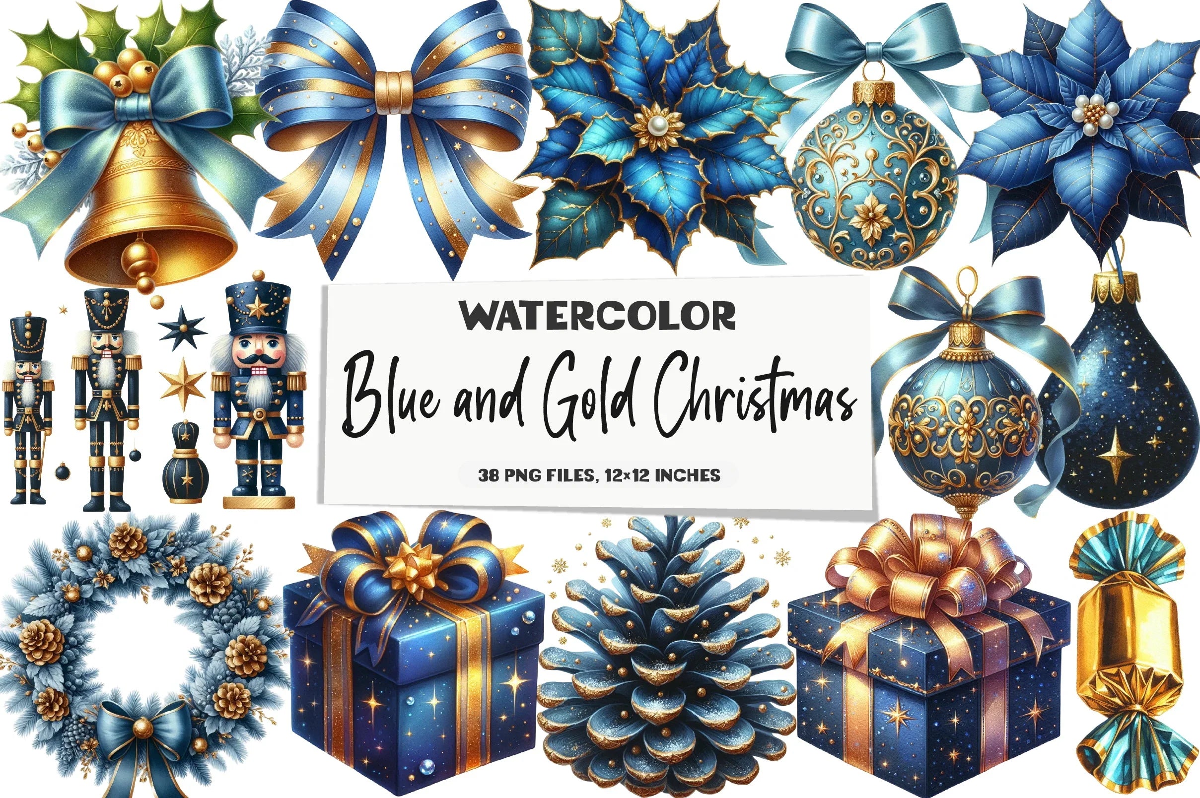 Blue and Gold Christmas Clipart Bundle - CraftNest - Digital Crafting and Art