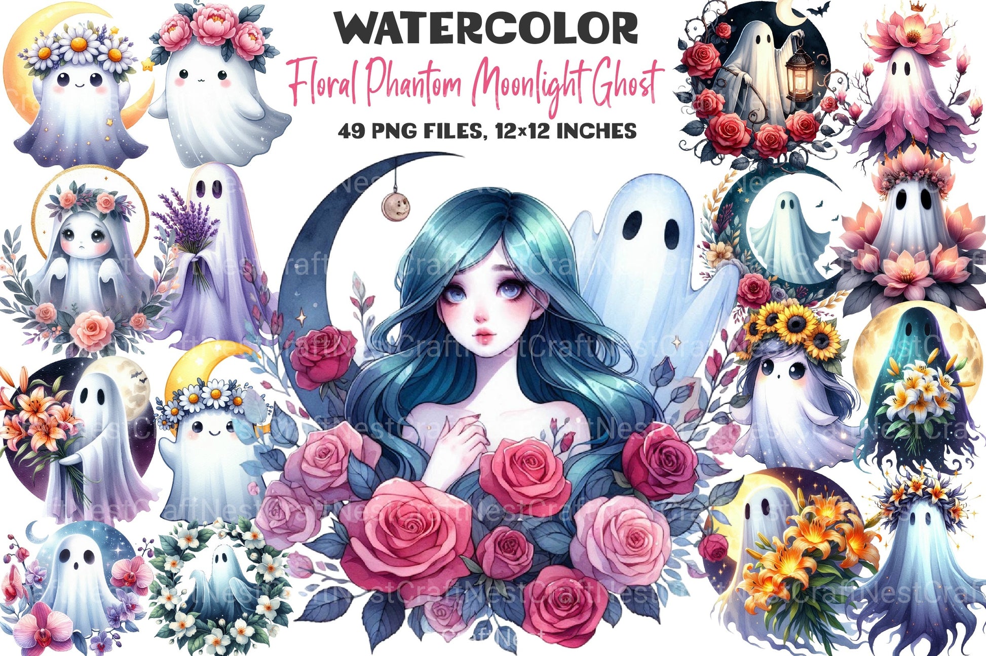 Floral Phantom Moonlight Ghost Clipart Bundle - CraftNest - Digital Crafting and Art