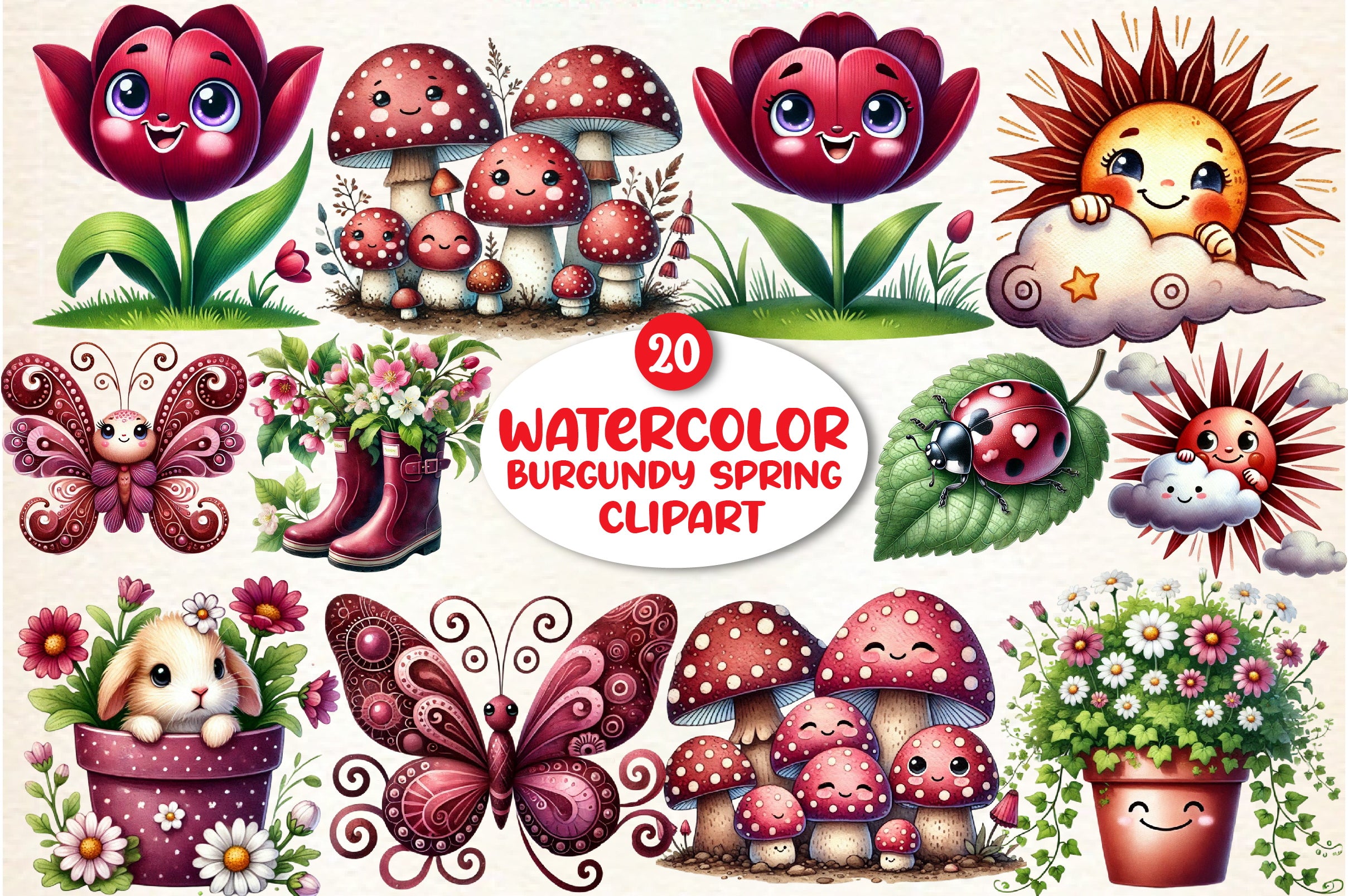 Burgundy Spring Clipart Bundle