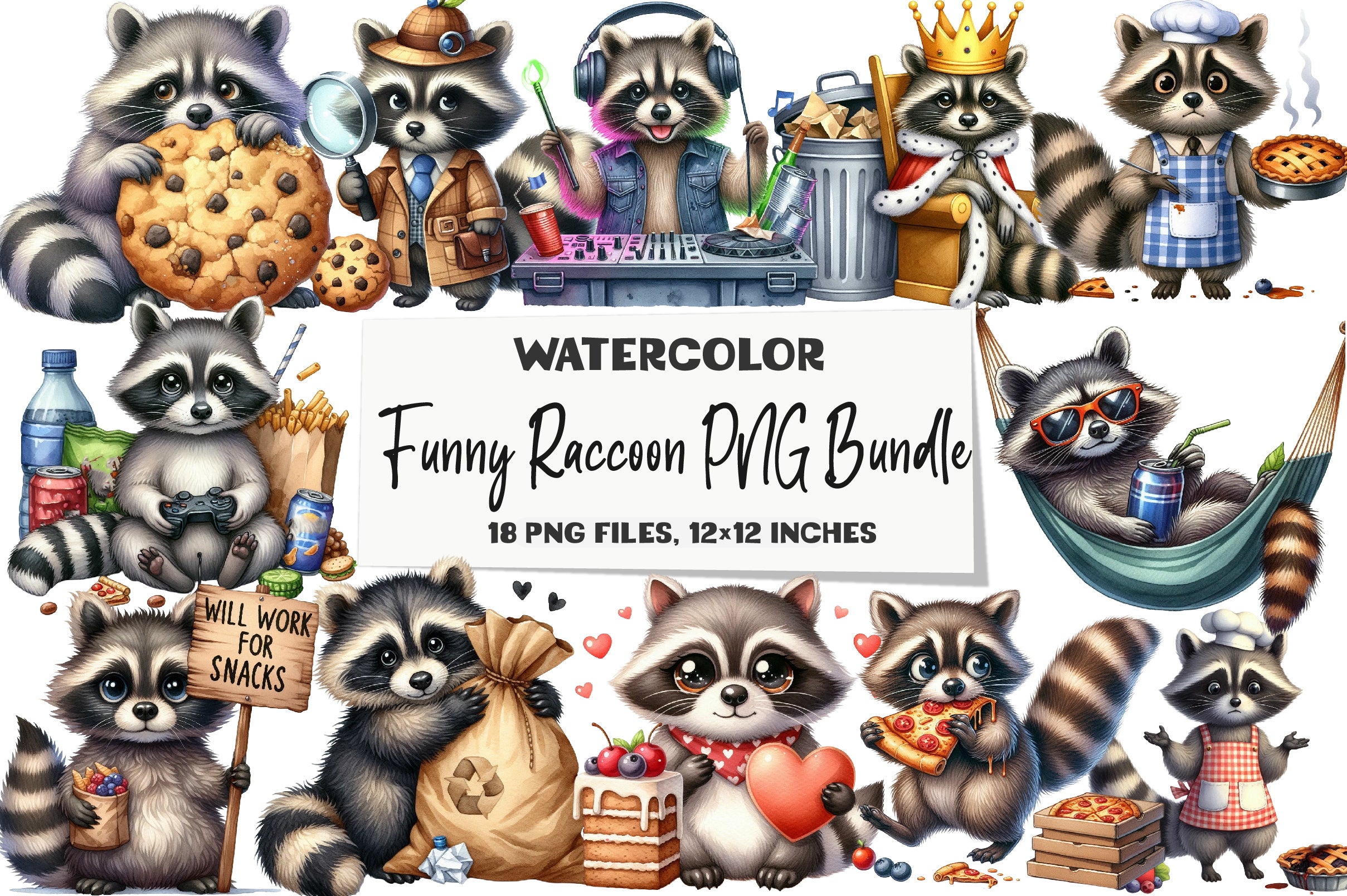 Funny Raccoon Clipart Bundle