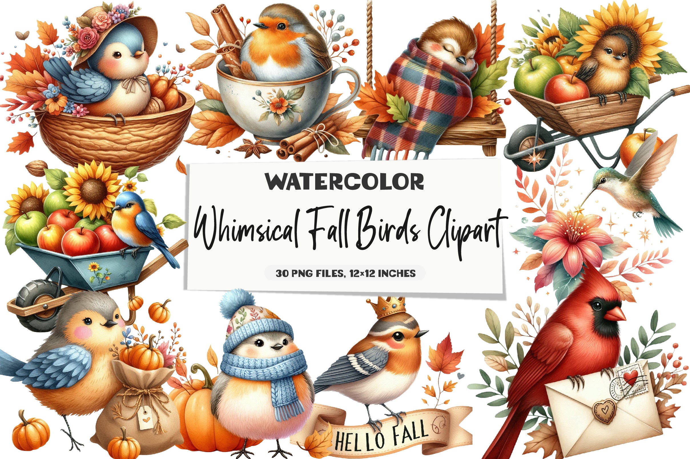 Whimsical Fall Birds Clipart Bundle
