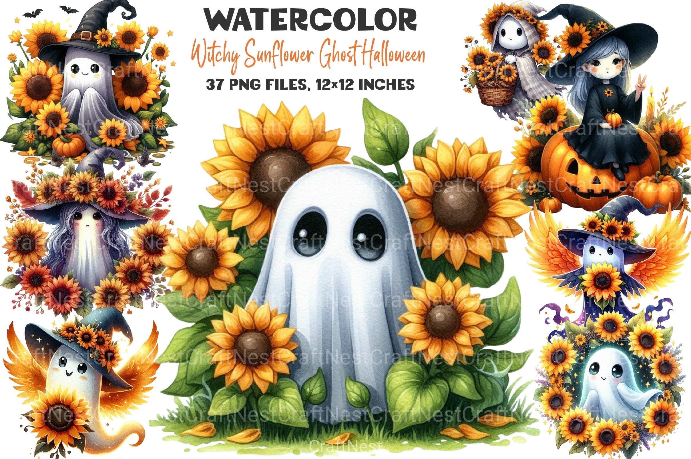Witchy Sunflower Ghost Halloween Clipart Bundle - CraftNest - Digital Crafting and Art