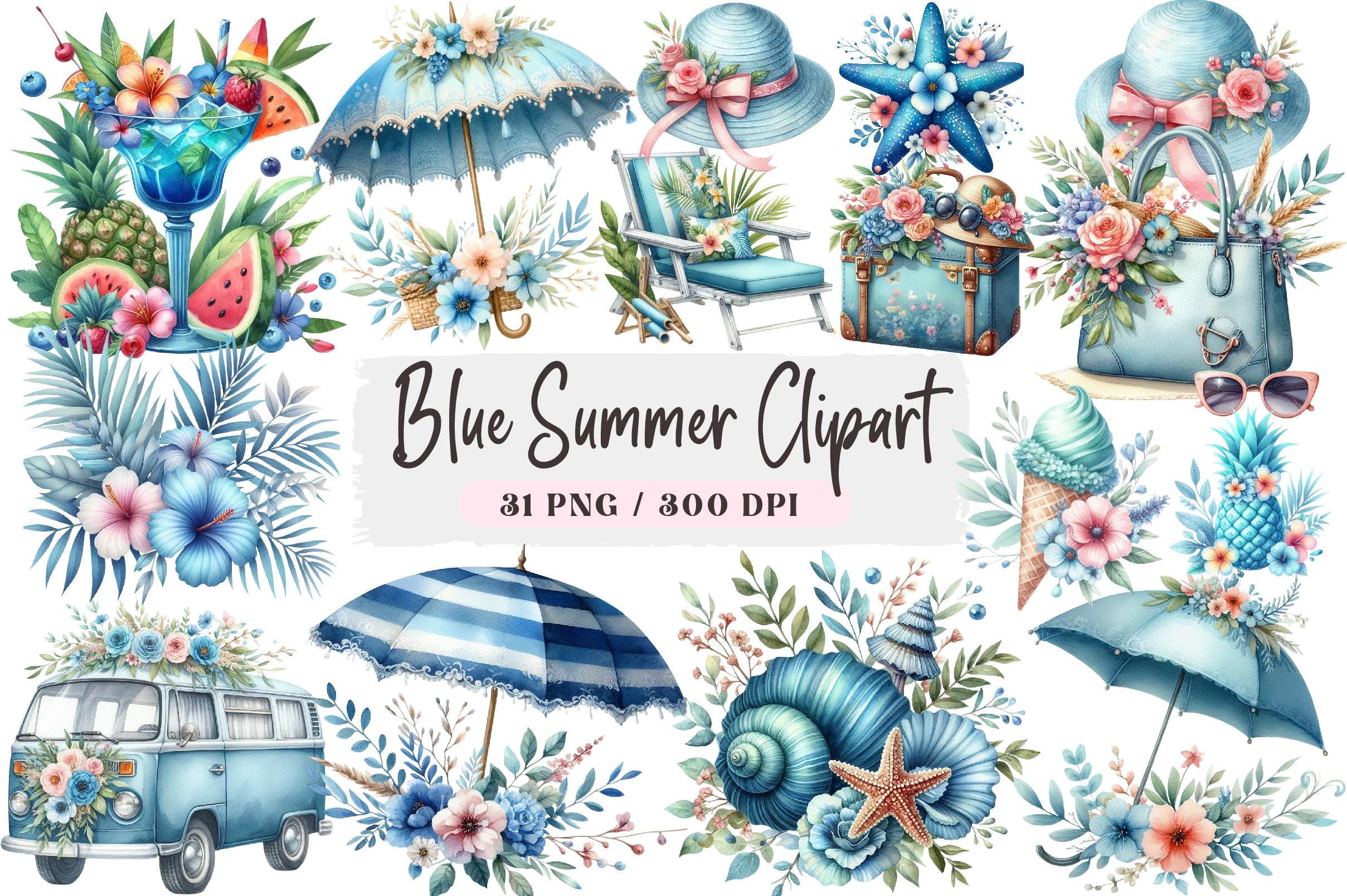 Blue Summer Clipart Bundle