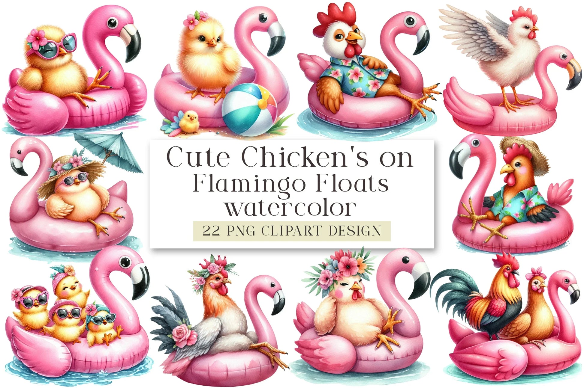 Cute Chickens on Flamingo Floats Clipart Bundle - CraftNest - Digital Crafting and Art
