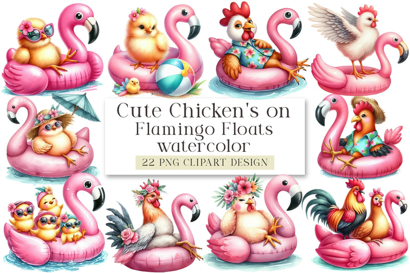 Cute Chickens on Flamingo Floats Clipart Bundle - CraftNest - Digital Crafting and Art