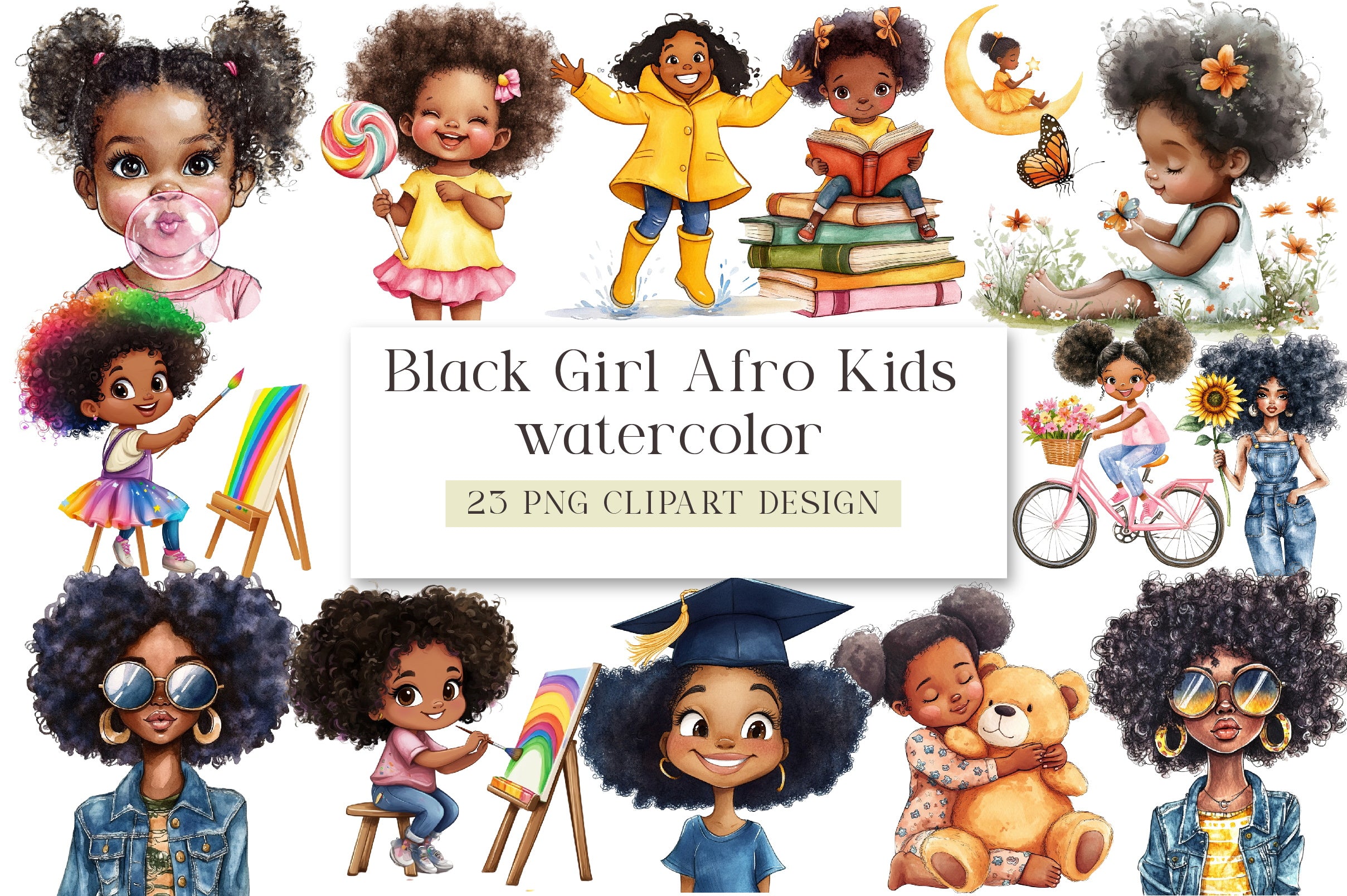 Black Girl Afro Kids Clipart Bundle