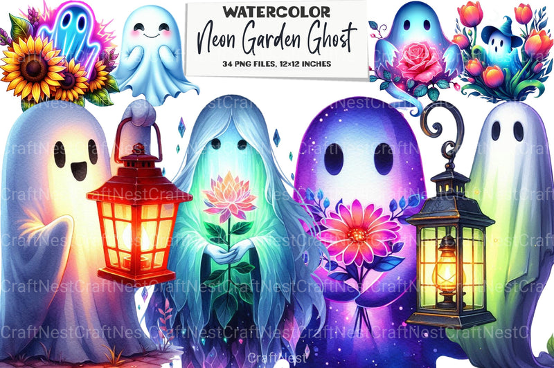 Neon Garden Ghost Halloween Clipart Bundle - CraftNest - Digital Crafting and Art