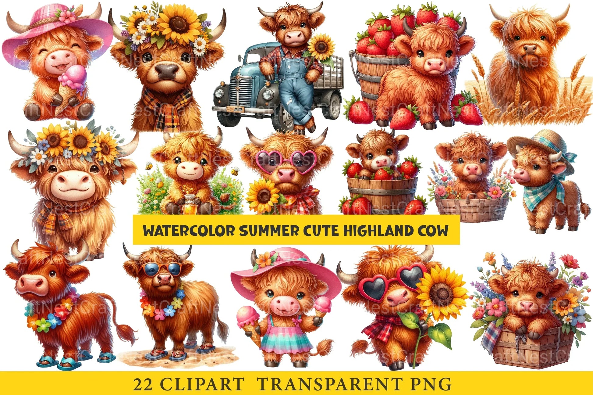 Summer Cute Highland Cow Clipart Bundle 1 - CraftNest - Digital Crafting and Art
