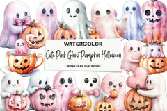 Cute Pink Ghost Pumpkin Halloween Clipart Bundle - CraftNest - Digital Crafting and Art