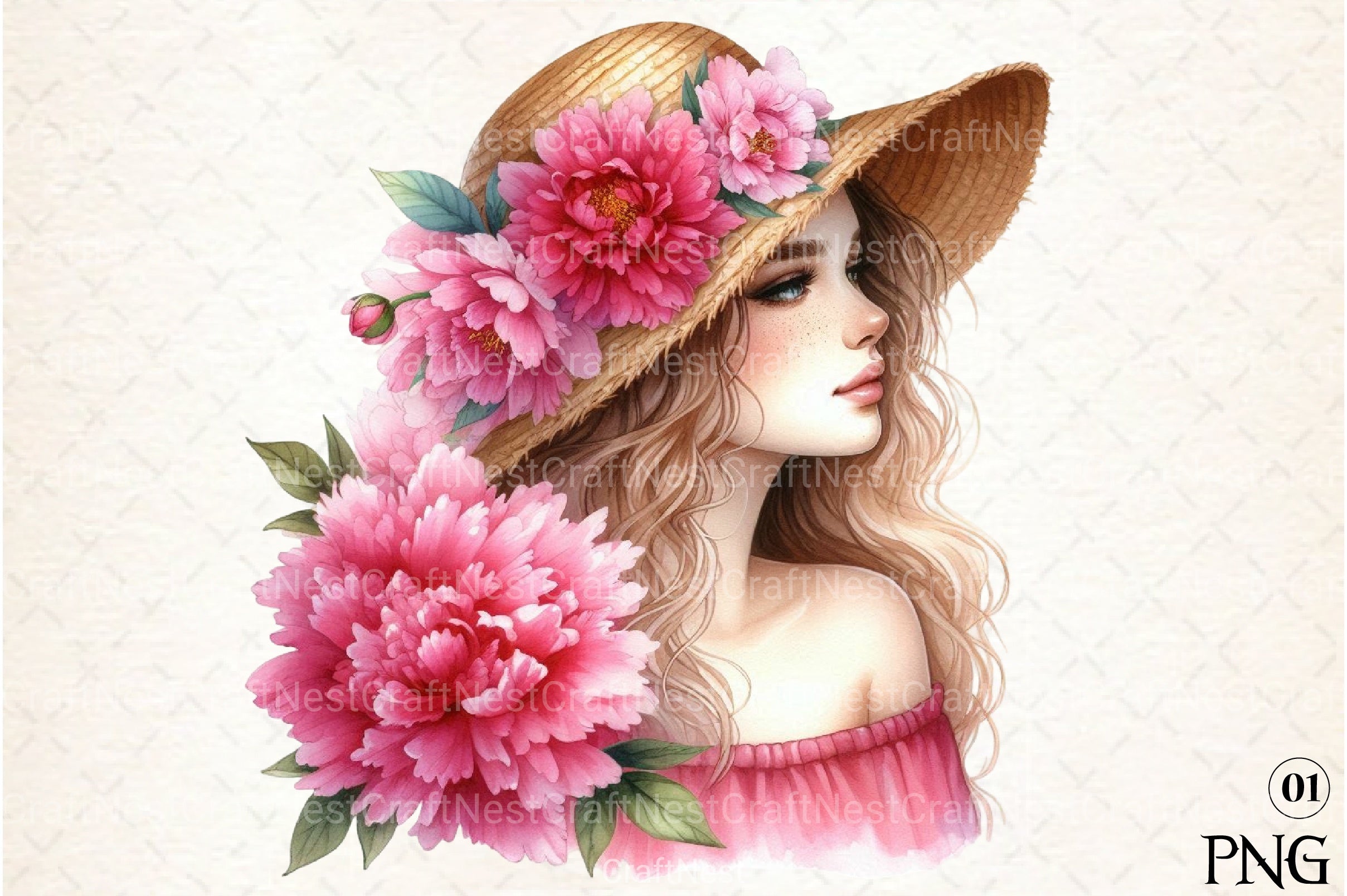 Girl with Peonies Flower Clipart Bundle - CraftNest - Digital Crafting and Art