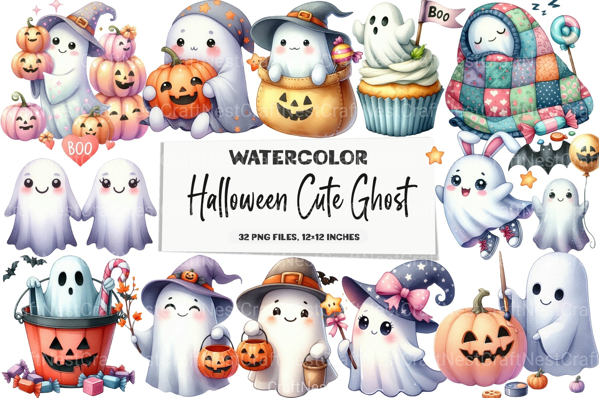 Halloween Cute Ghost Clipart Bundle 99 - CraftNest - Digital Crafting and Art