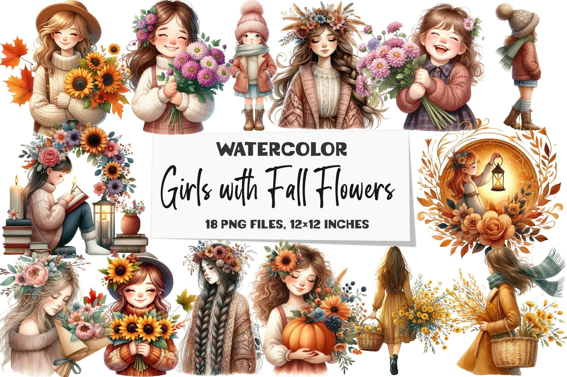Girls with Fall Flowers Clipart Bundle - CraftNest - Digital Crafting and Art