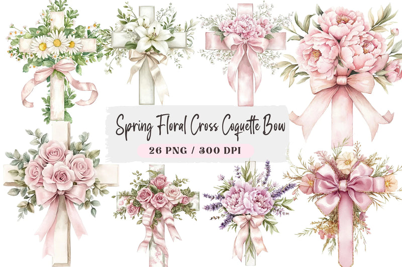 Spring Floral Cross Coquette Bow Clipart Bundle - CraftNest - Digital Crafting and Art