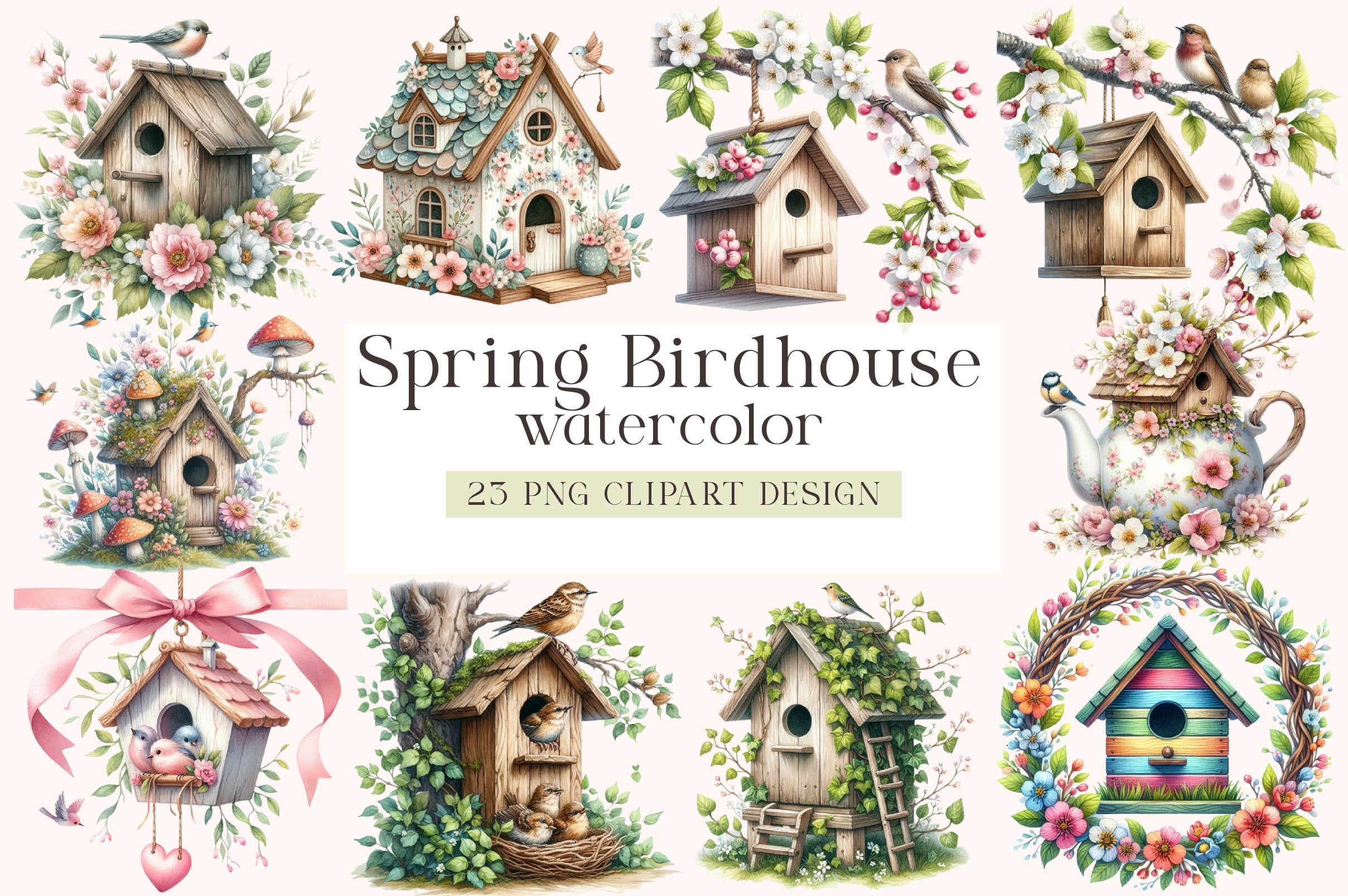 Spring Birdhouse Clipart Bundle