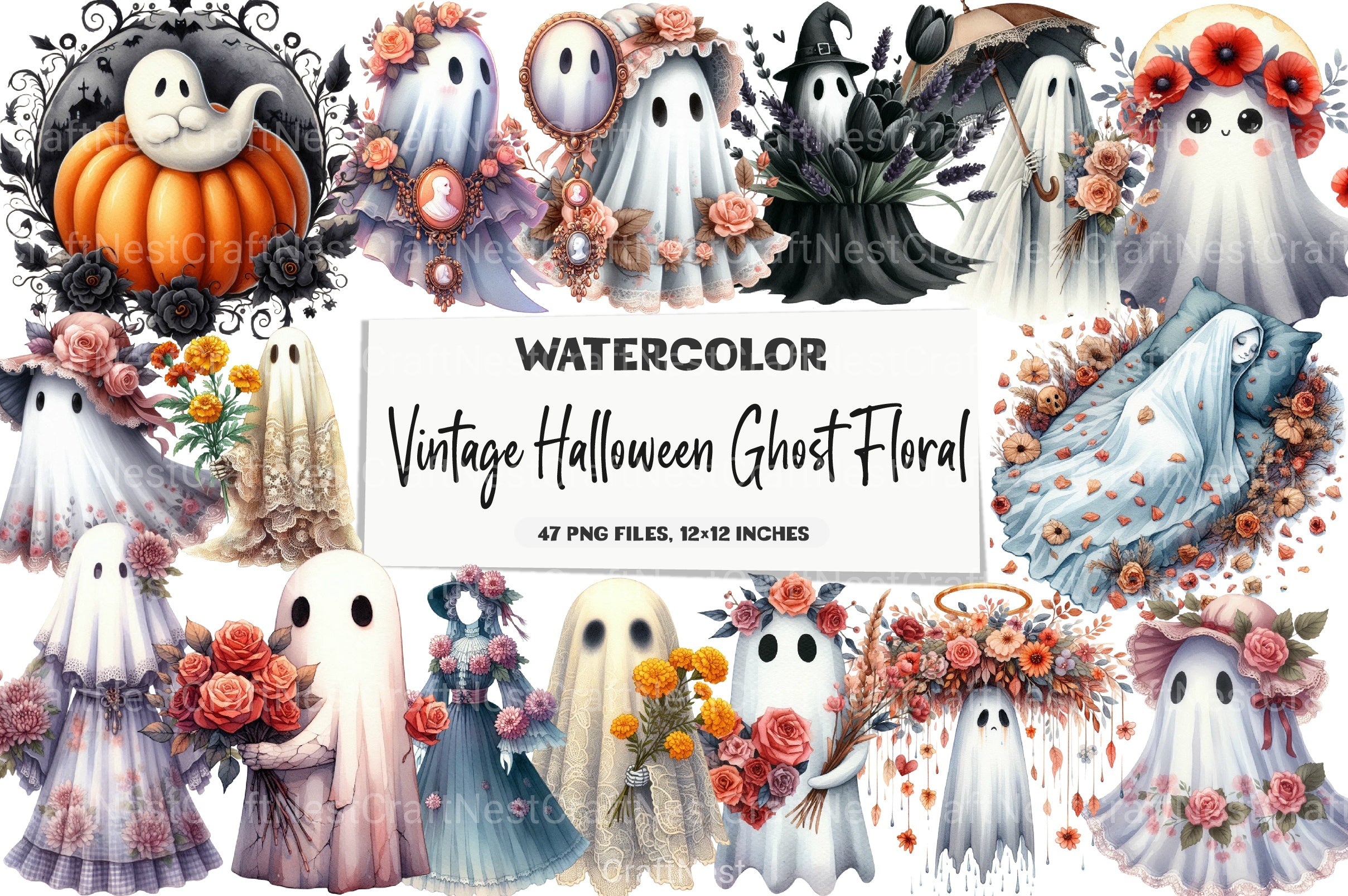 Vintage Halloween Ghost Floral Clipart Bundle - CraftNest - Digital Crafting and Art