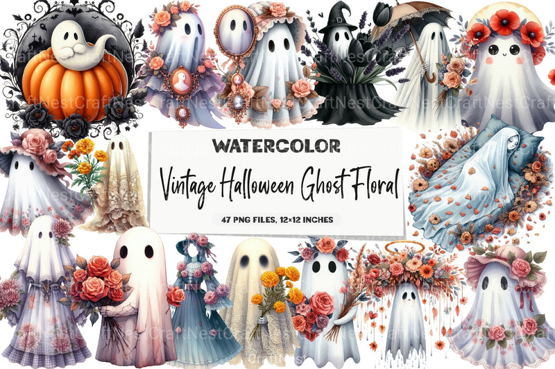 Vintage Halloween Ghost Floral Clipart Bundle - CraftNest - Digital Crafting and Art