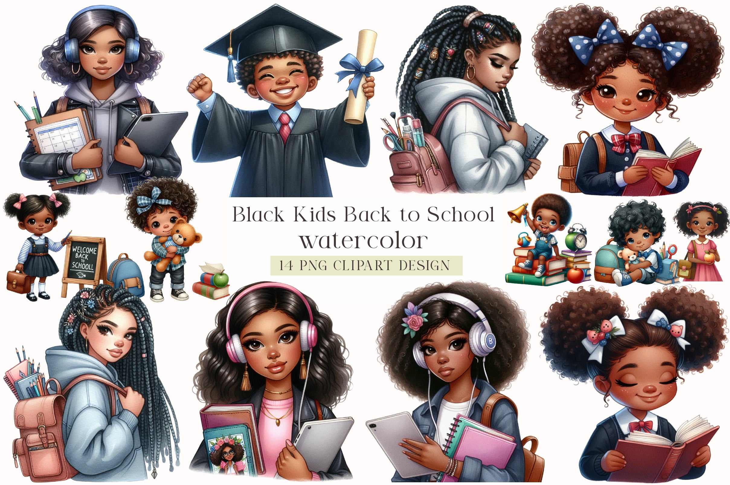 Black Kids Back to School Clipart Bundle