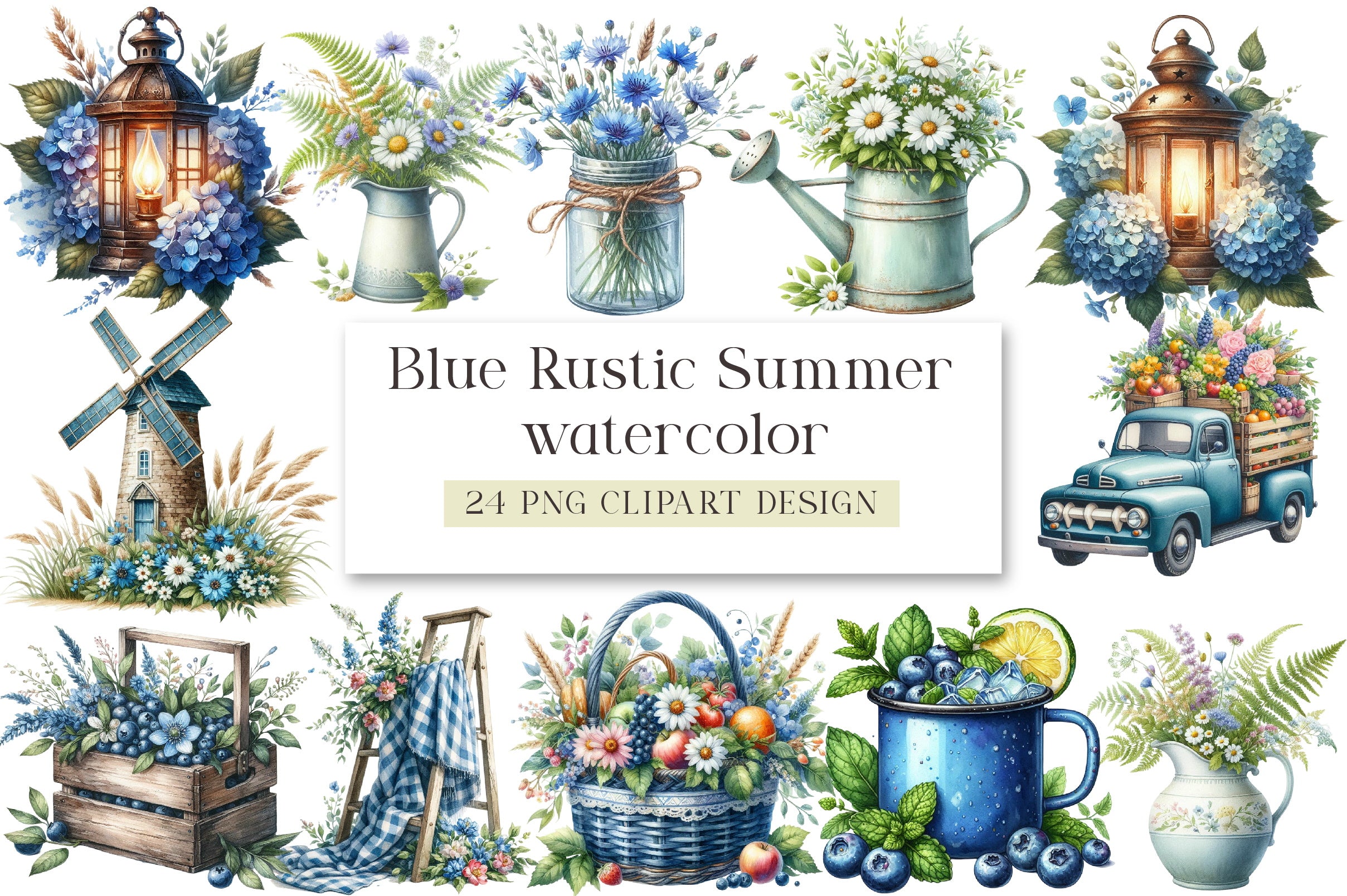 Blue Rustic Summer Clipart Bundle