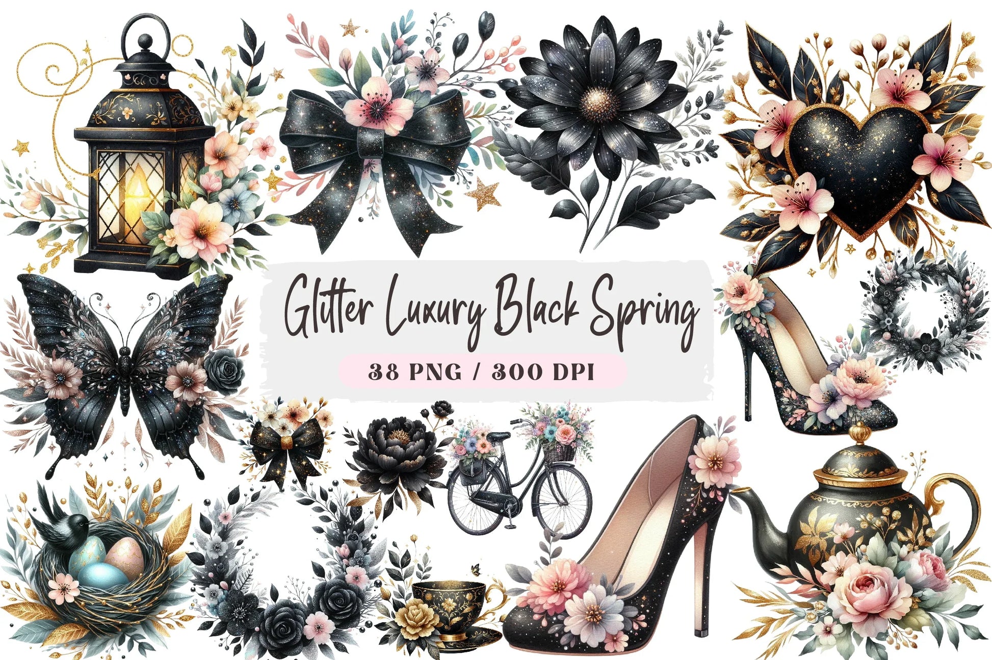 Glitter Luxury Black Spring Clipart Bundle - CraftNest - Digital Crafting and Art