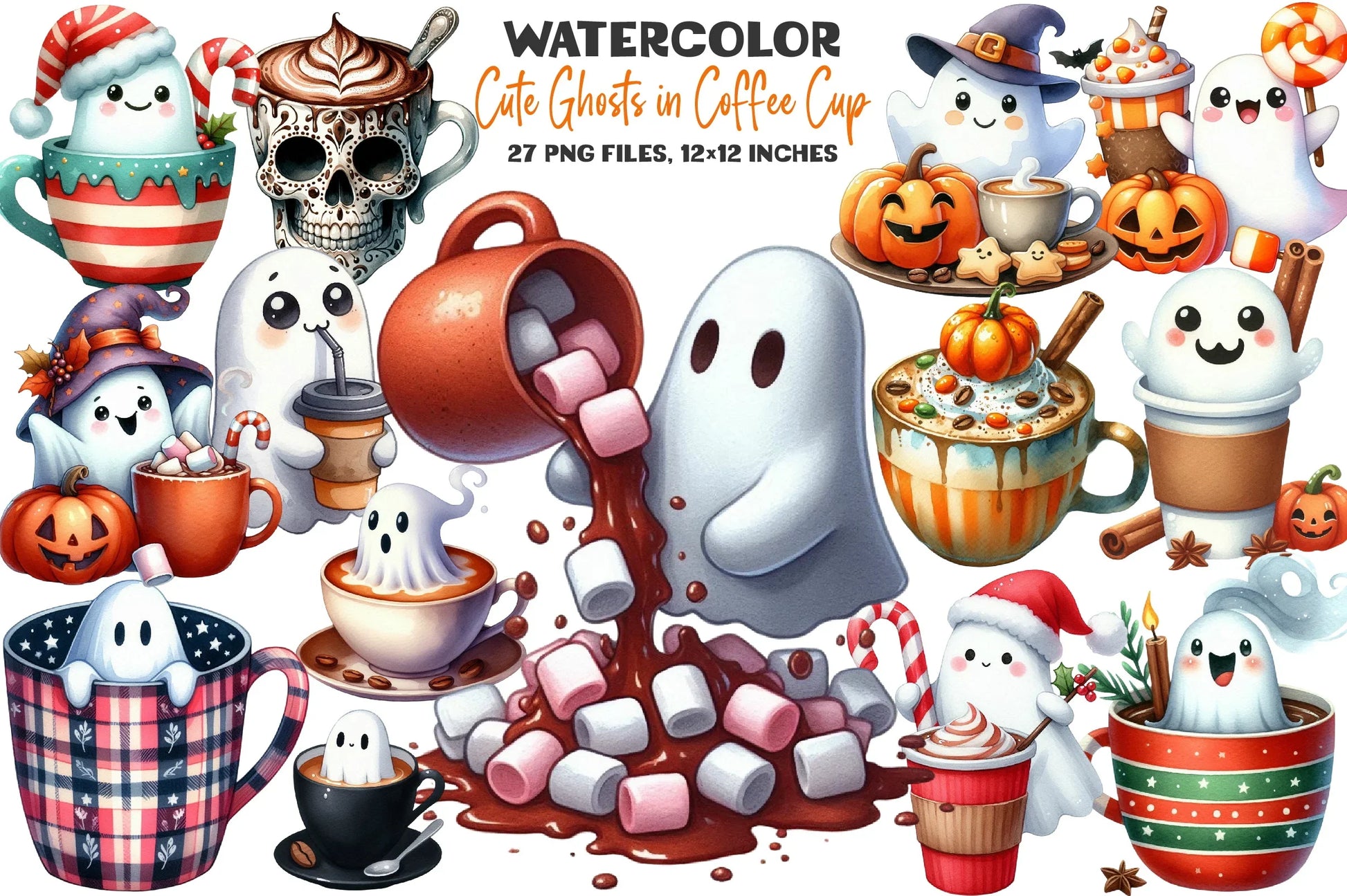 Cute Ghosts in Coffee Cup Halloween Clipart Bundle - CraftNest - Digital Crafting and Art