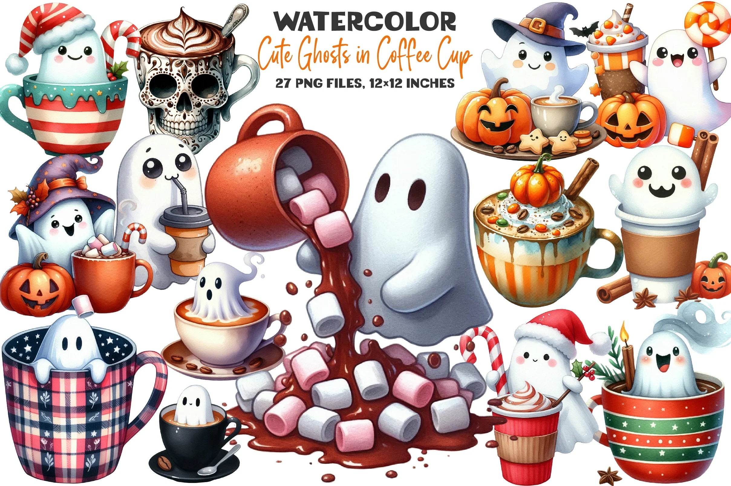 Cute Ghosts in Coffee Cup Halloween Clipart Bundle - CraftNest - Digital Crafting and Art