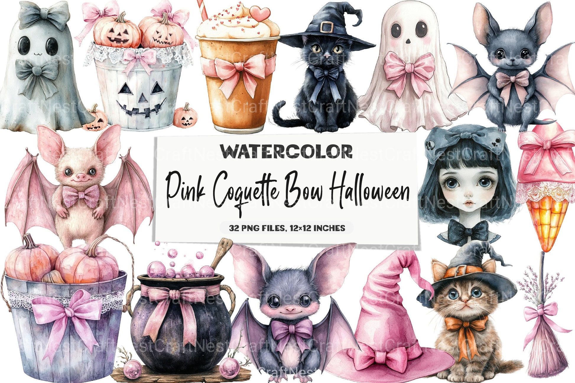 Pink Coquette Bow Halloween Clipart Bundle - CraftNest - Digital Crafting and Art